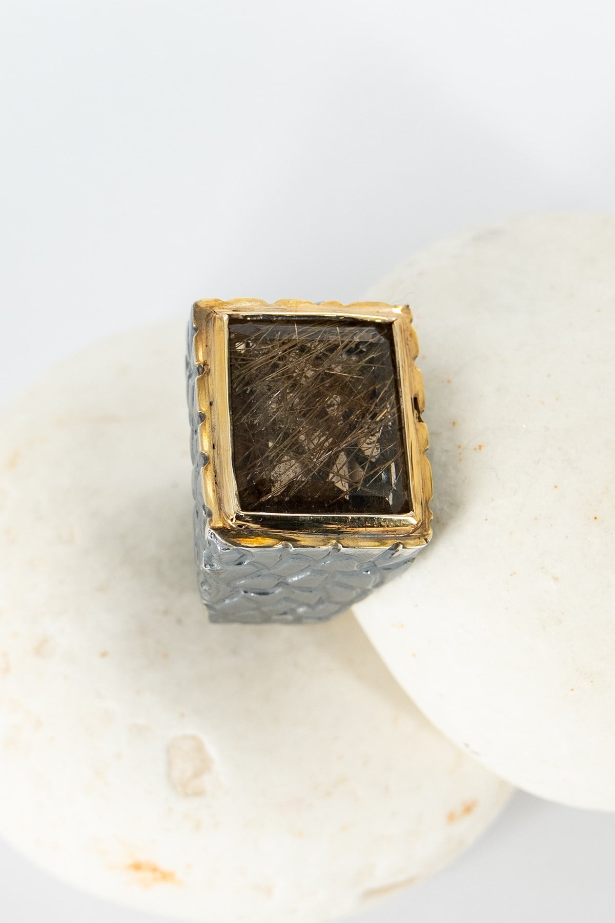 Gold Black Rutil Quartz Gümüş Yüzük
