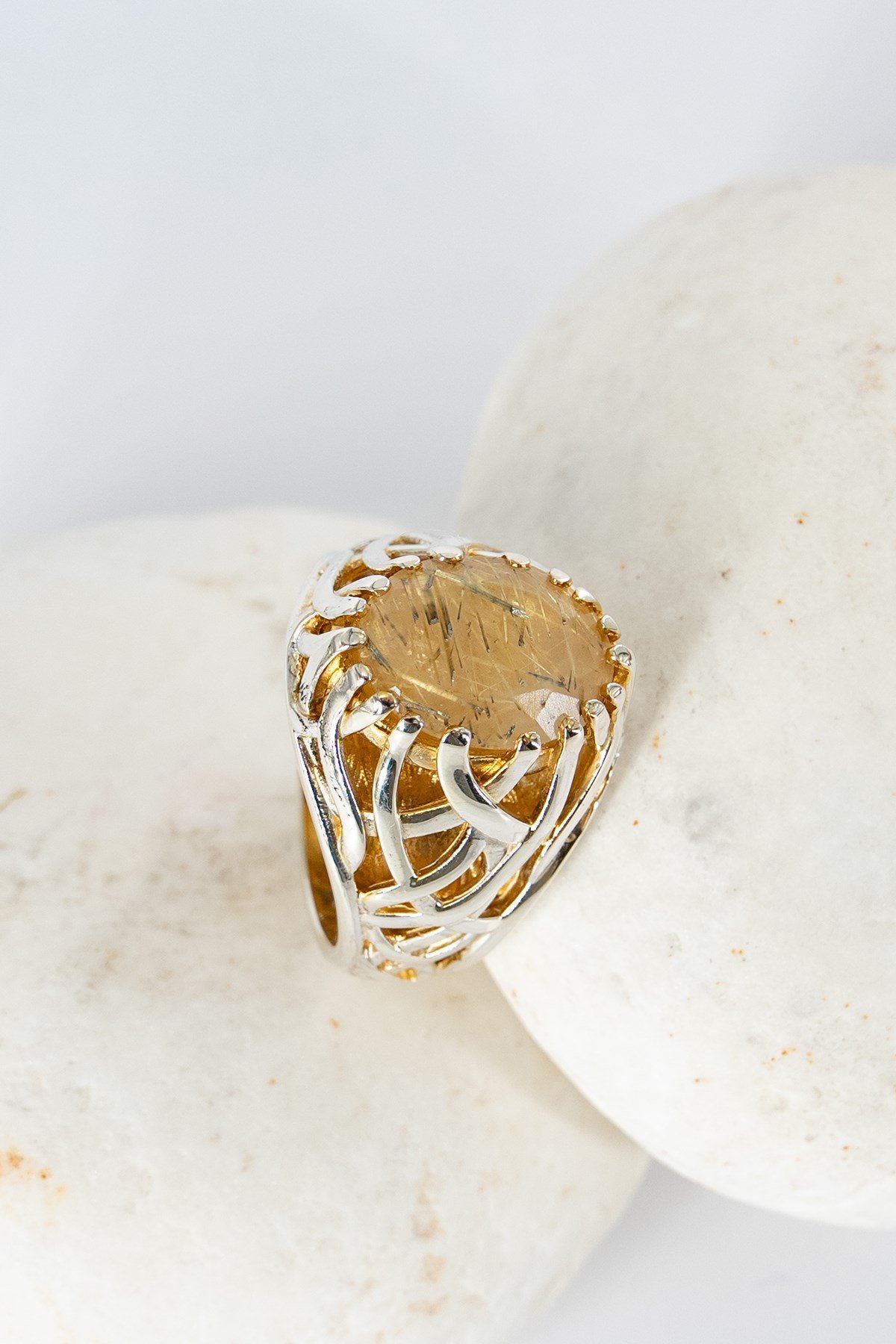 Gold Rutil Quartz Gümüş Yüzük