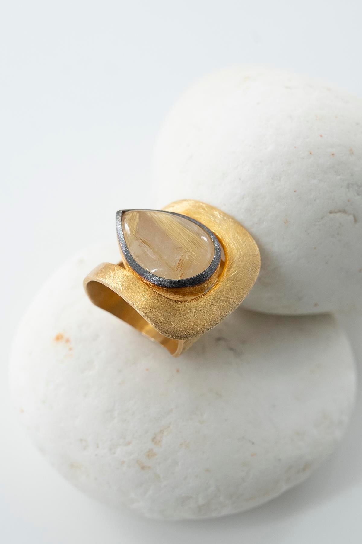 Gold Rutil Quartz Taşlı Gümüş Yüzük
