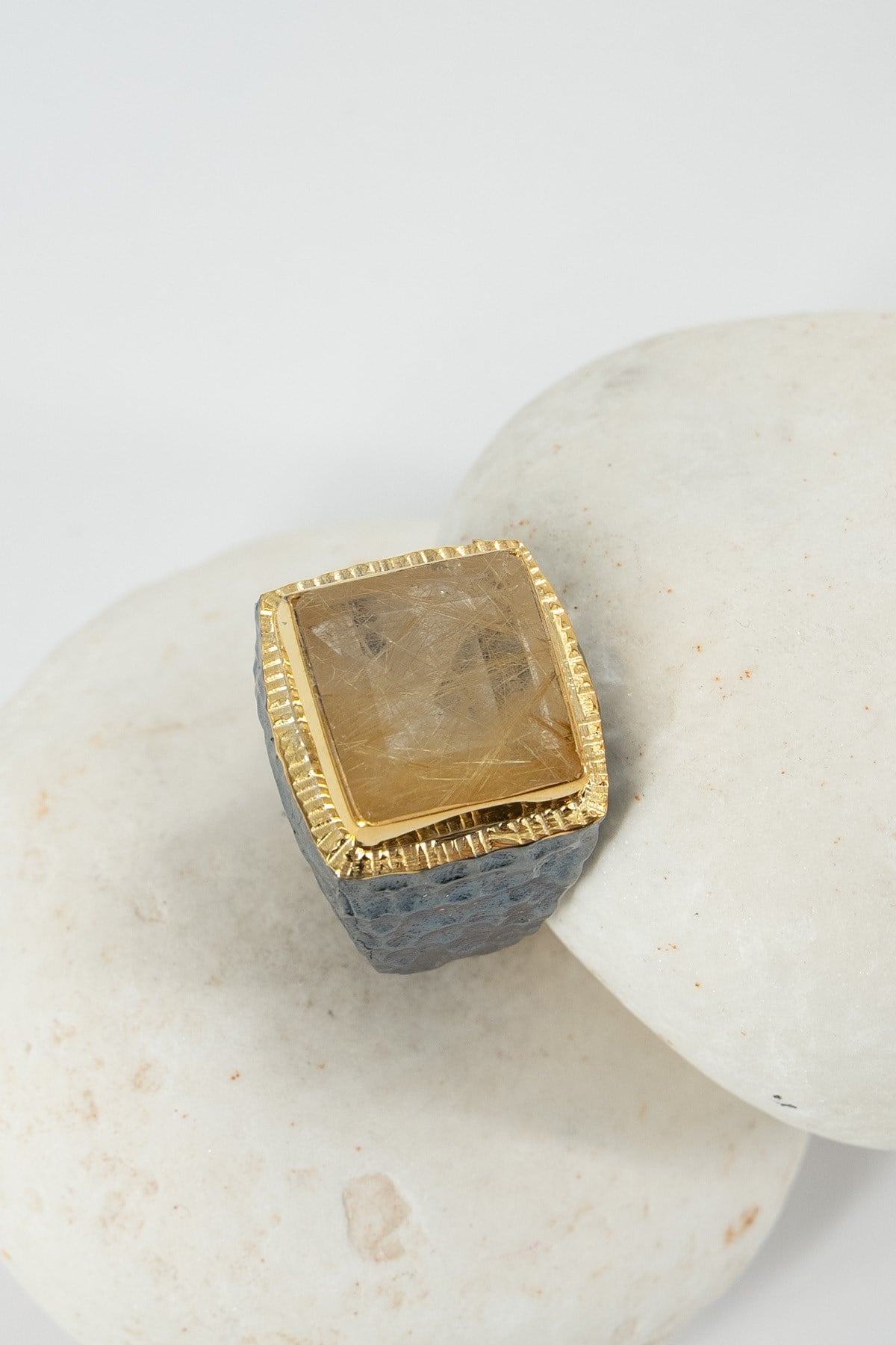 Gold Rutil Quartz Taşlı Özel Tasarım Yüzük