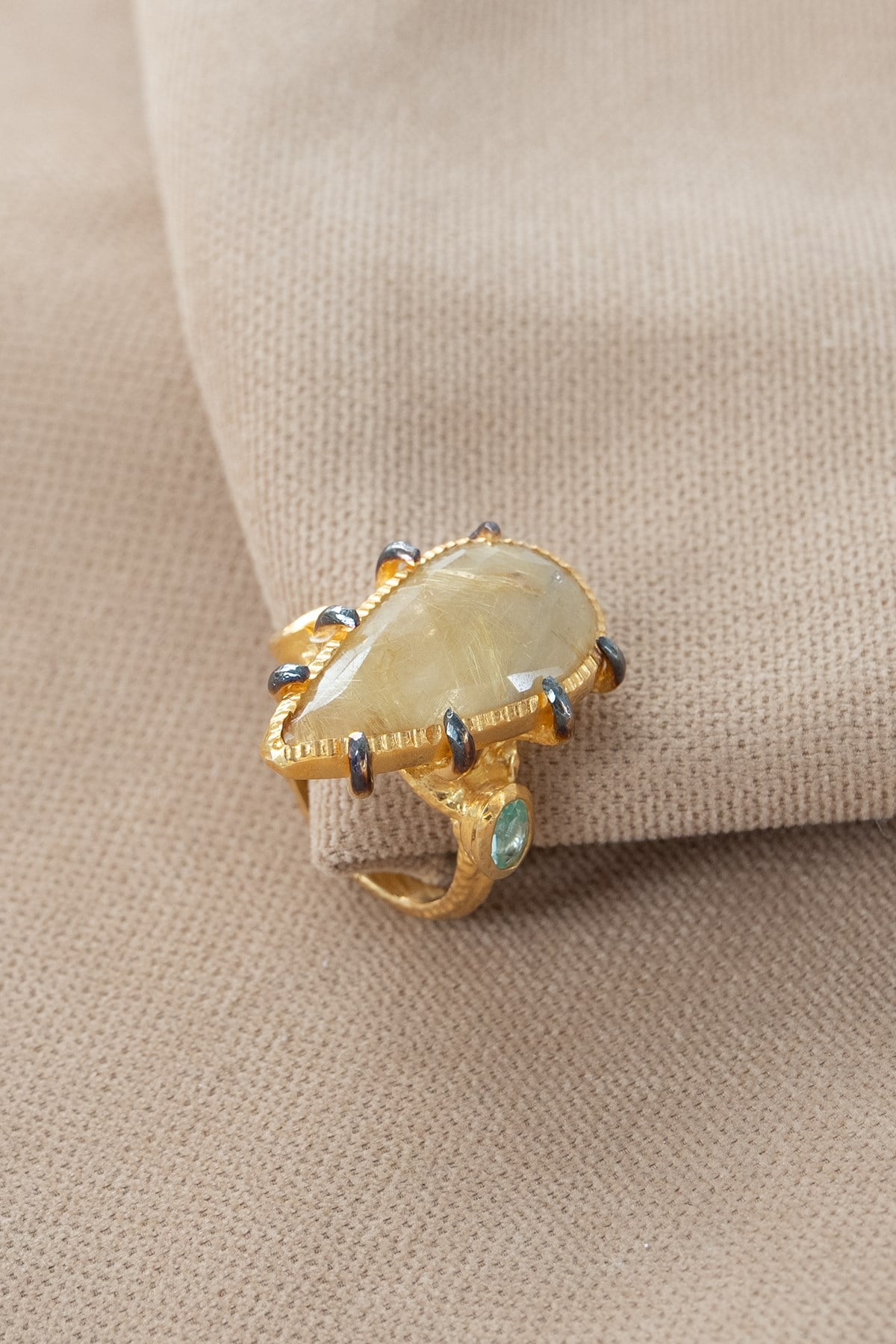 Gold Rutol Quartz Paraiba Turmalin Taşlı Gümüş Yüzük