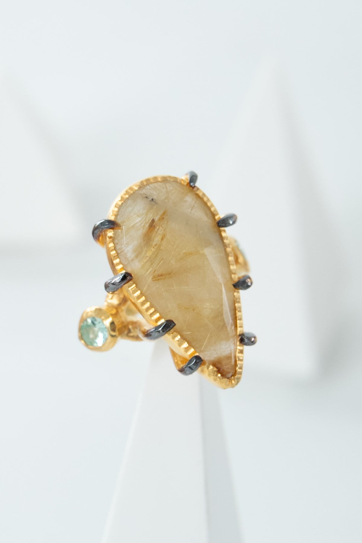 Gold Rutol Quartz Paraiba Turmalin Taşlı Gümüş Yüzük