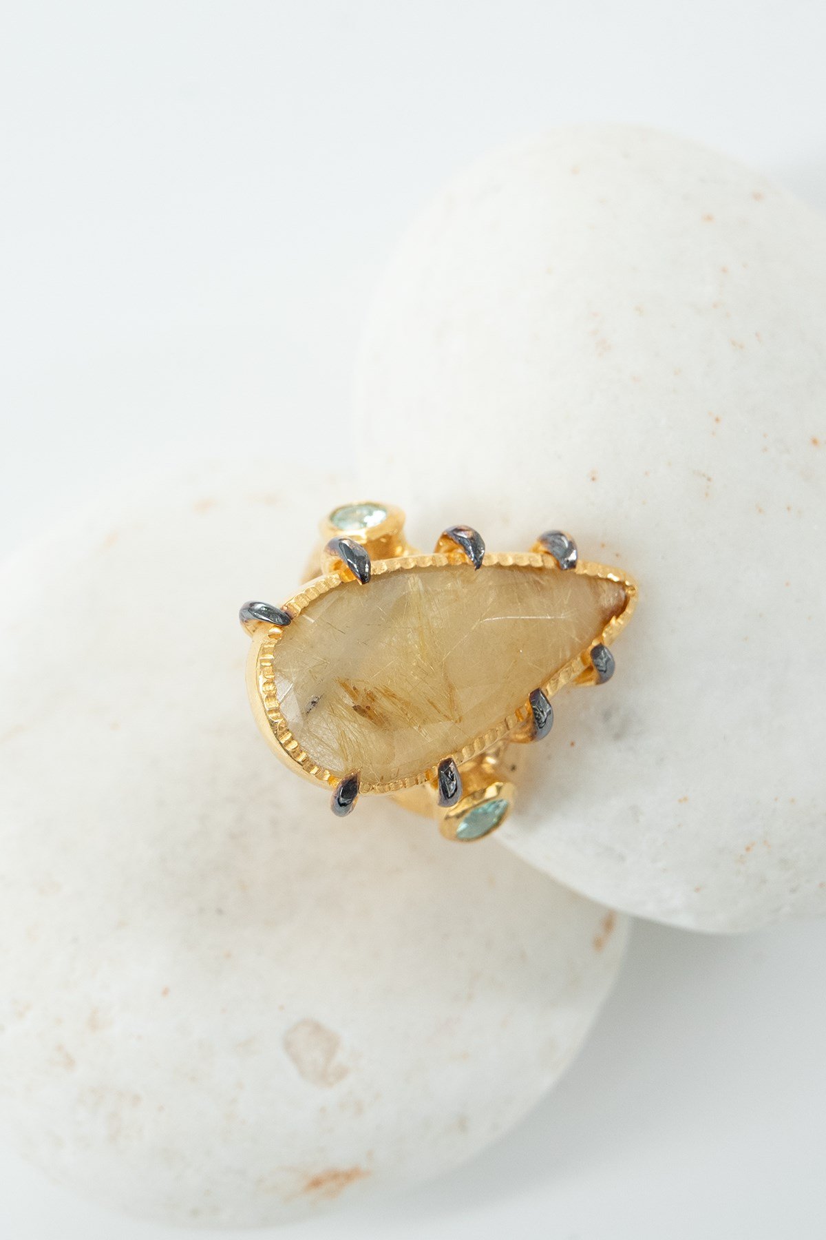 Gold Rutol Quartz Paraiba Turmalin Taşlı Gümüş Yüzük