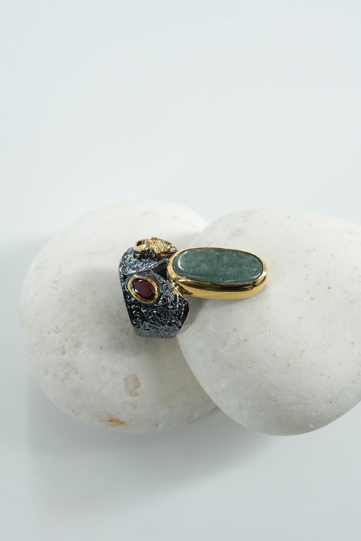 Green Kyanit & Garnet Taşlı Gümüş Yüzük