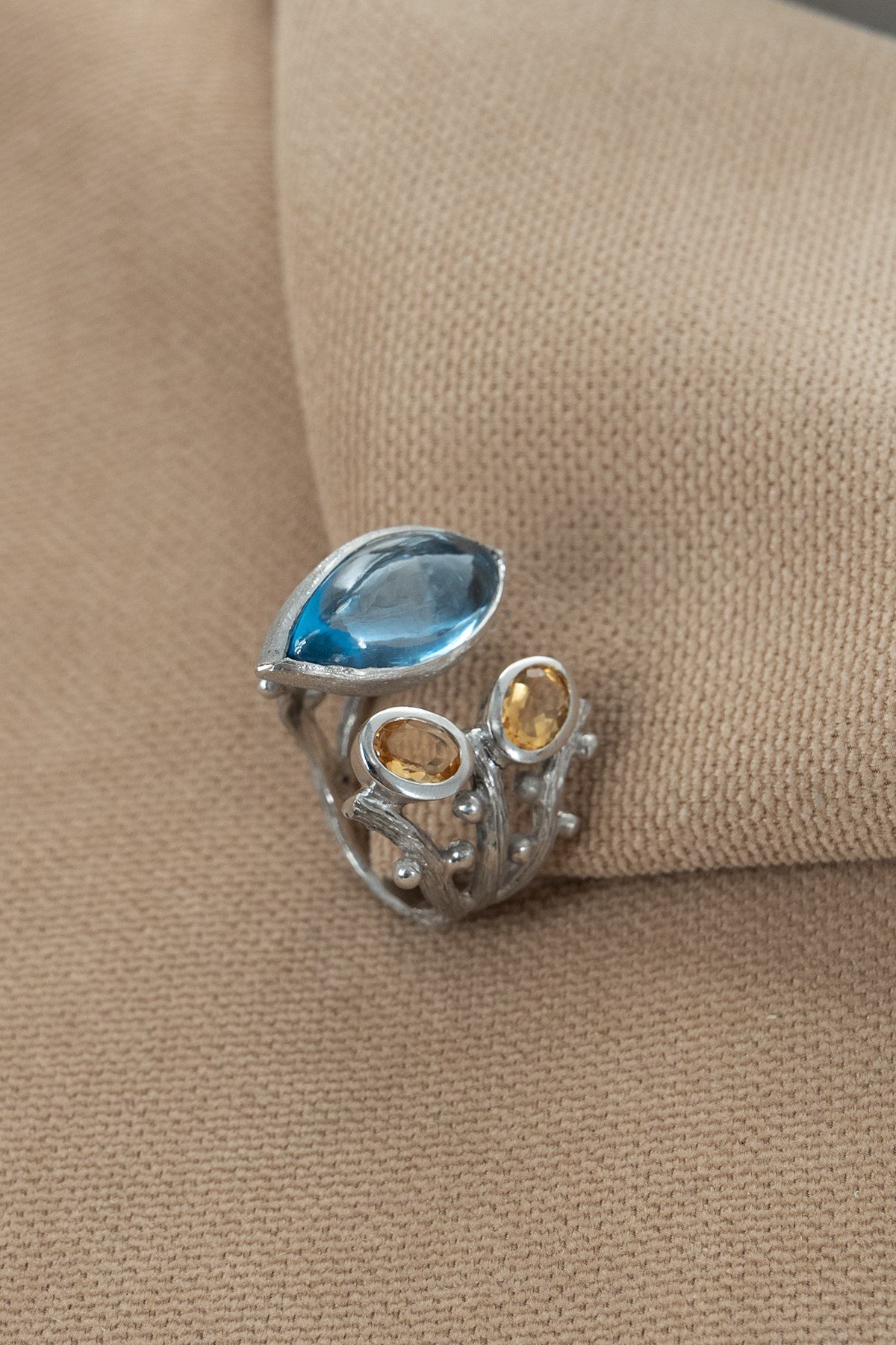 Lab Blue Topaz & Sitrin Taşlı Gümüş Yüzük