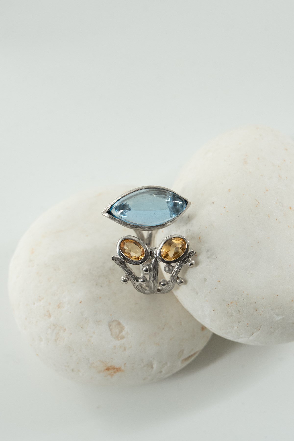 Lab Blue Topaz & Sitrin Taşlı Gümüş Yüzük