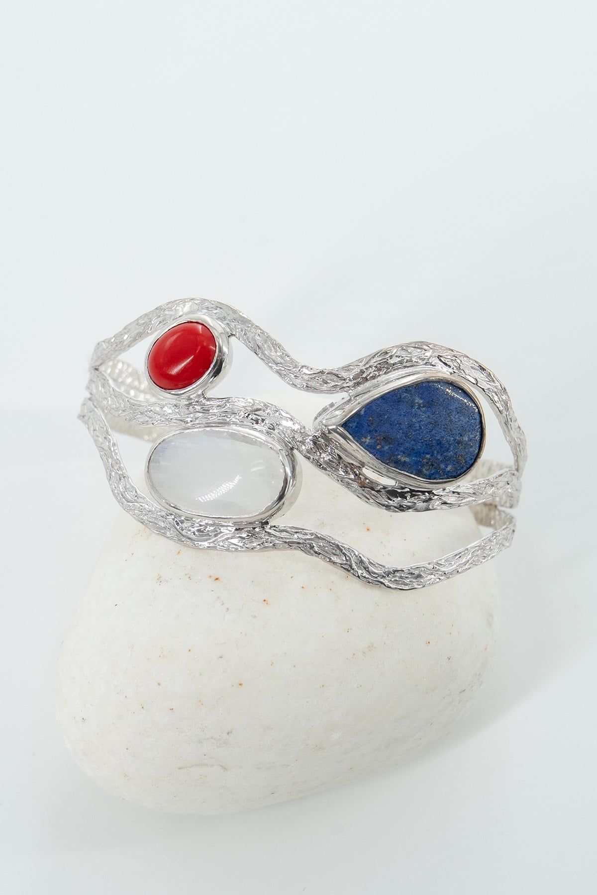 Lapis Lazuli, Ay Taşı, Mercan Taşlı Gümüş Bileklik