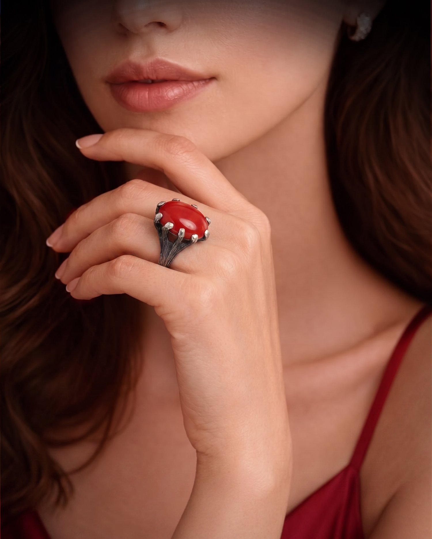Corallo con Pietra Argento Anello