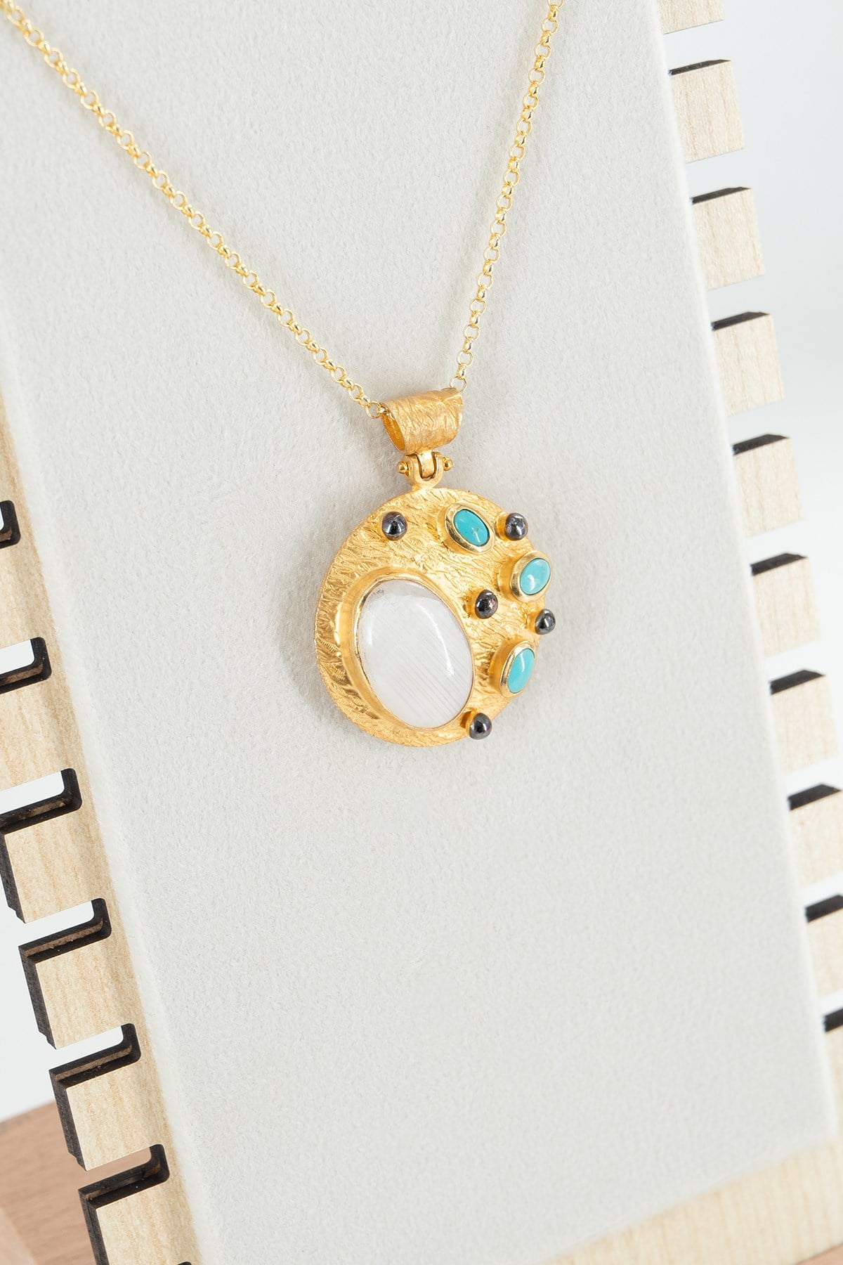Moonstone ve Firuze Taşlı Gümüş Kolye