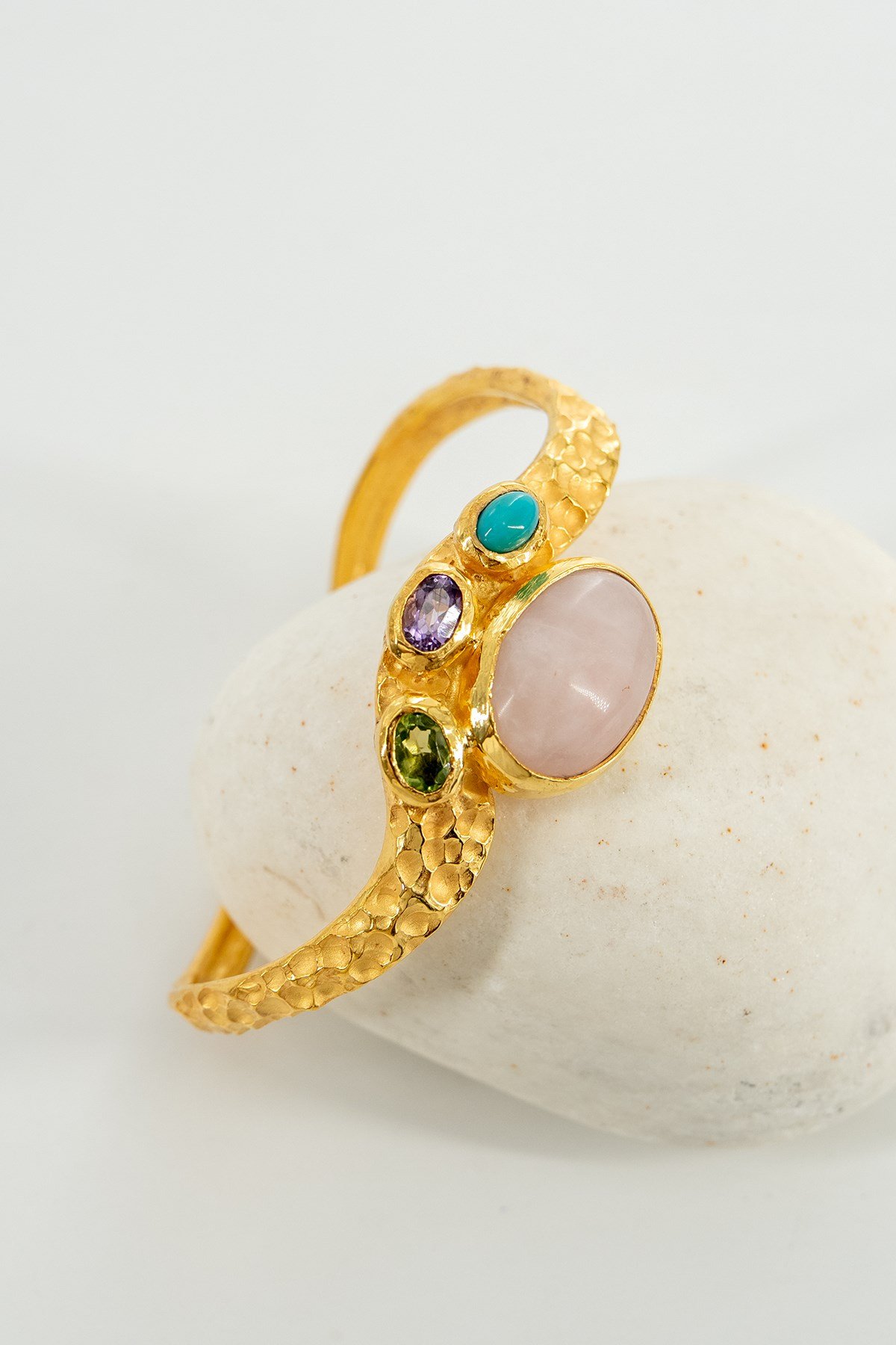 Pembe Kuvars (Pink Quartz), Mix Doğal Taşlı Gümüş Bileklik