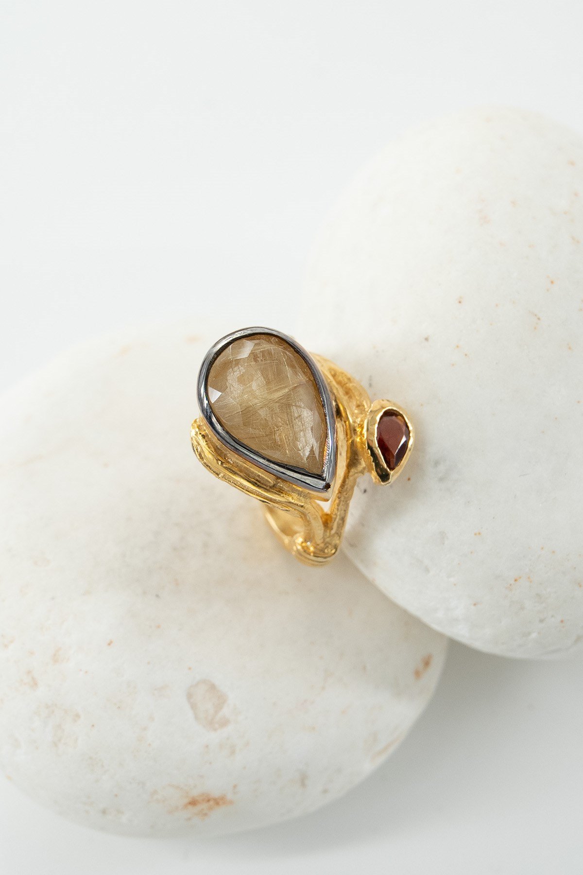 Rutile Quartz & Garnet Taşlı Gümüş Yüzük