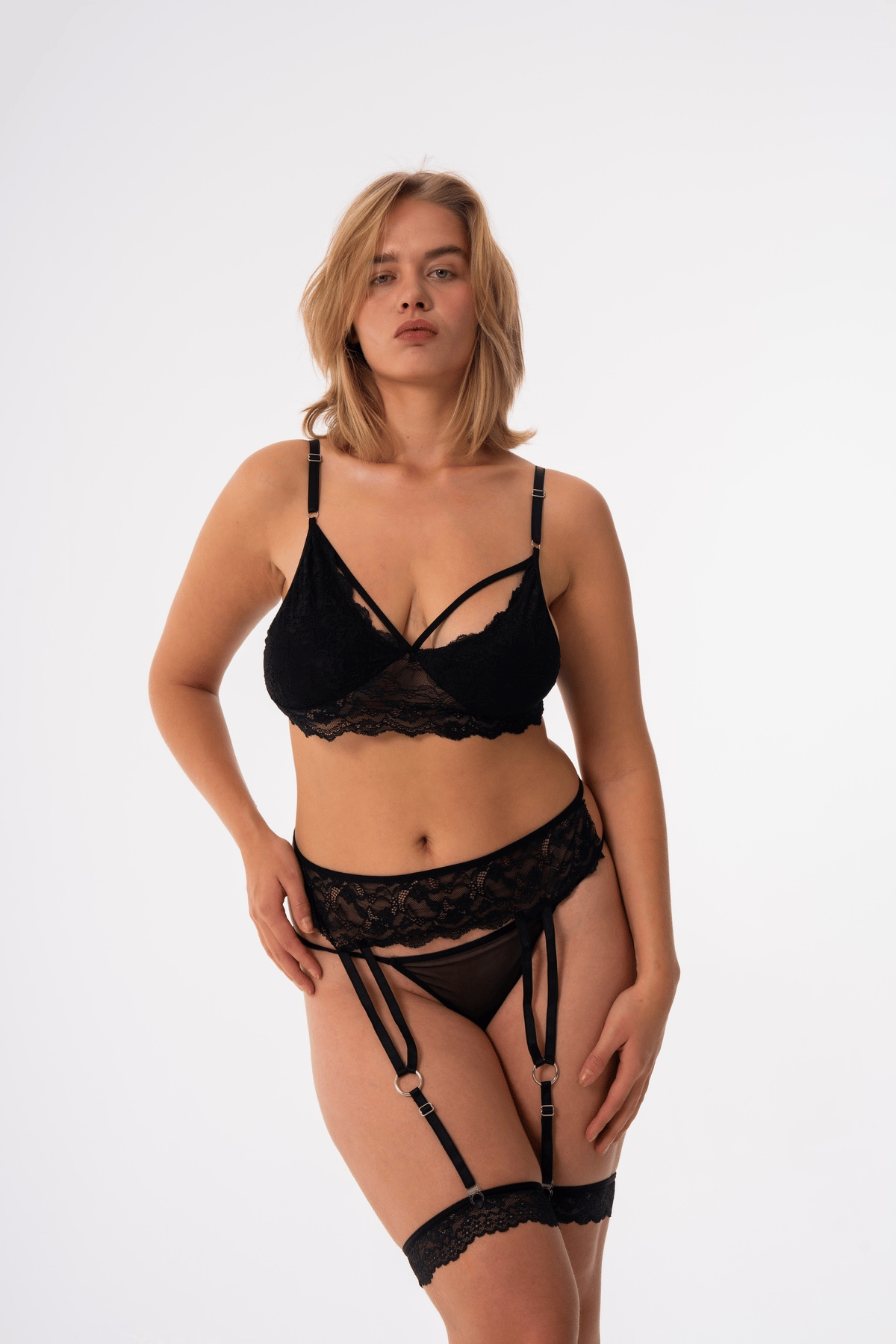 Siyah Dantelli Jartiyer set Seksi Biye Detaylı