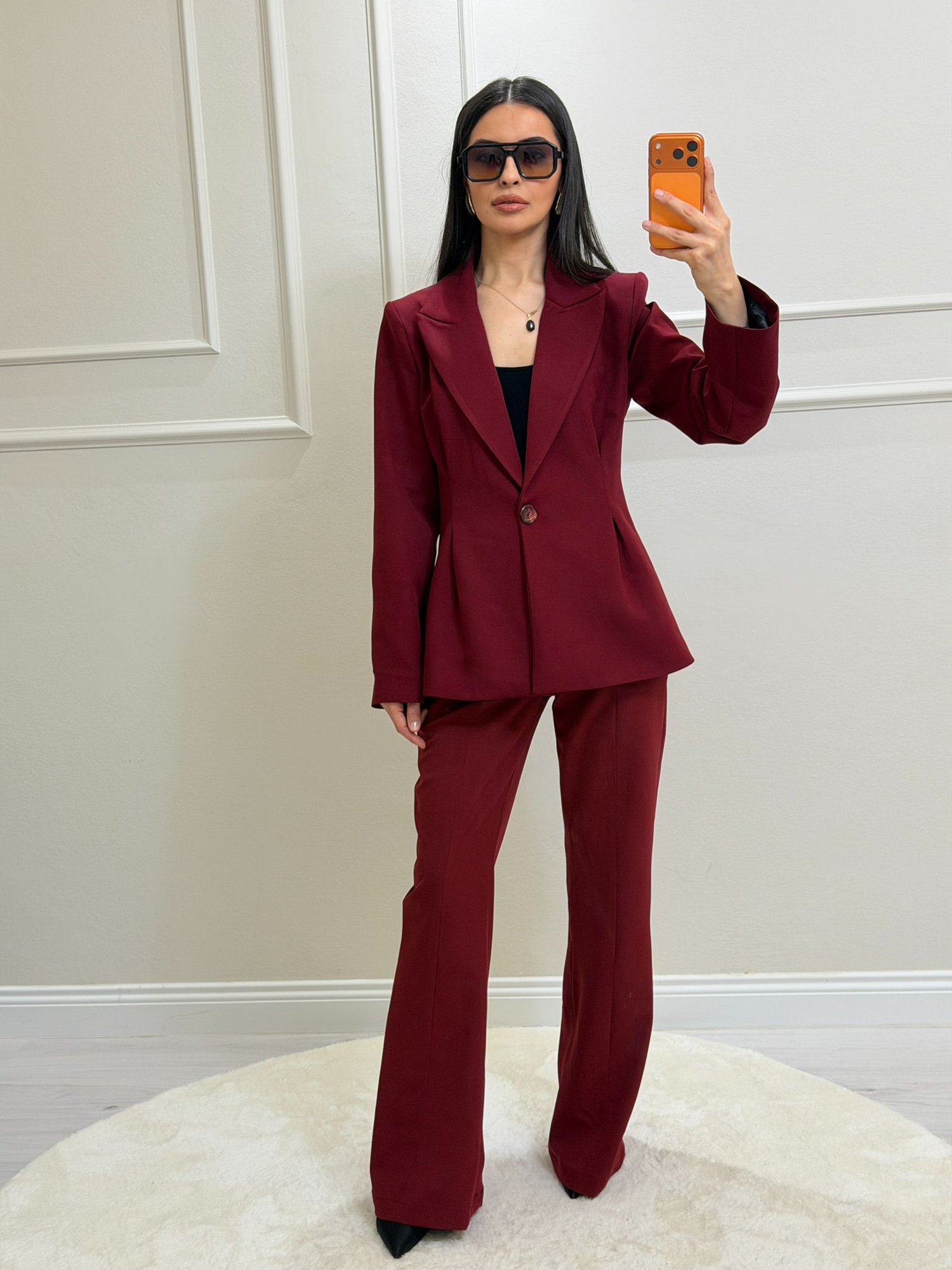 Belden Oturtmalı Ceket Takım Bordo