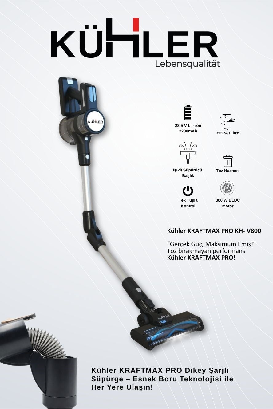 Kraftmax Pro KH-V800 Kablosuz Turbo Fırçalı Katlanır Esnek Boru Teknolojisi Dikey Şarjlı Süpürge