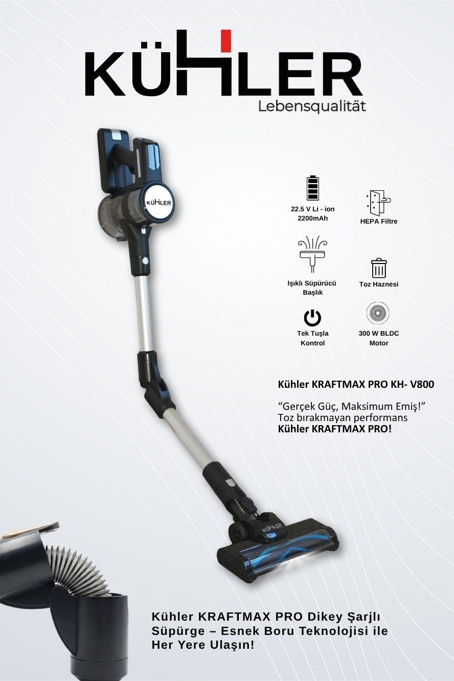 Kraftmax Pro KH-V800 Kablosuz Turbo Fırçalı Katlanır Esnek Boru Teknolojisi Dikey Şarjlı Süpürge