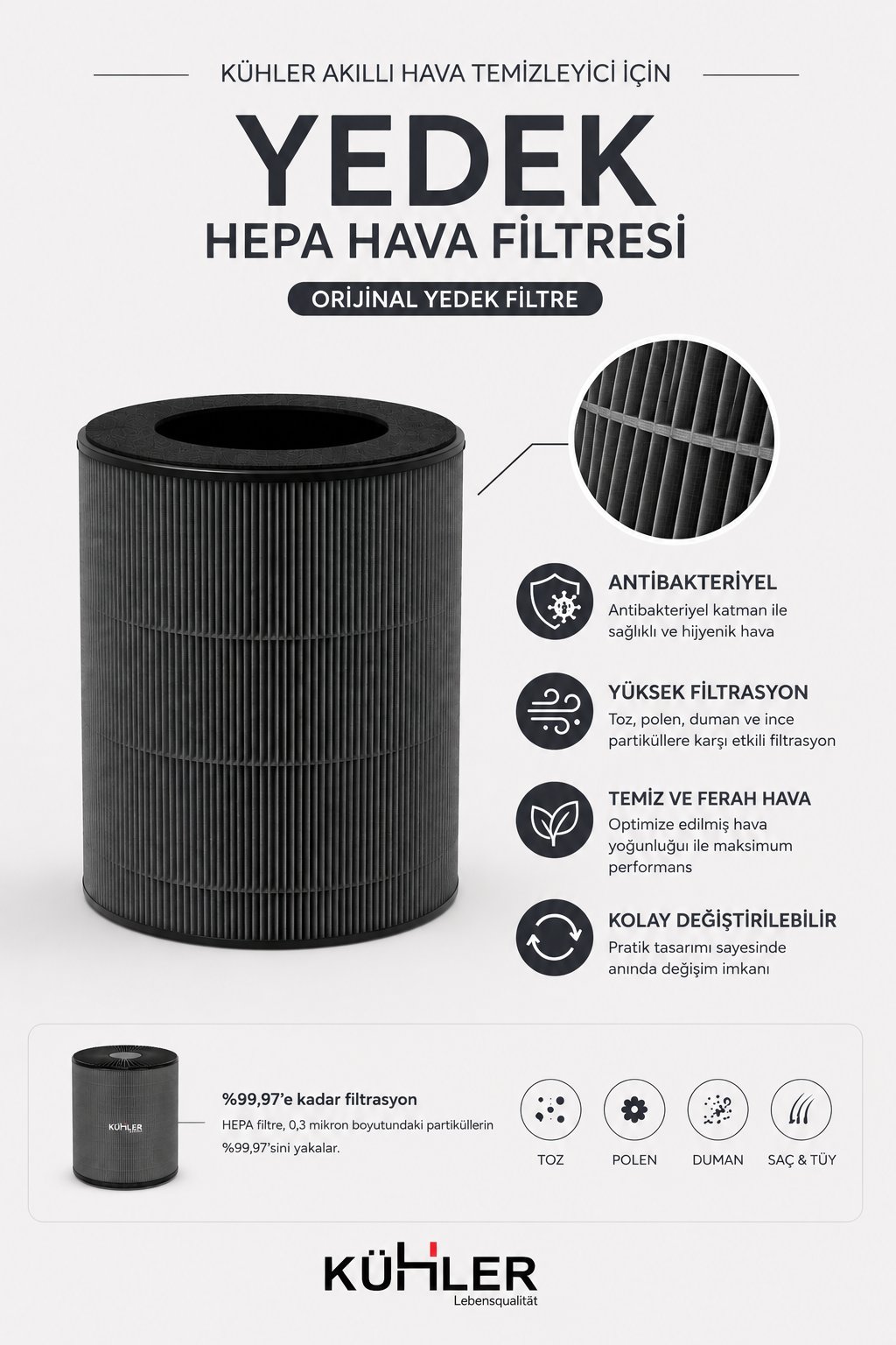 Kühler ClearAura KH-V7777 H13 HEPA Yedek Filtre | Orijinal Hava Temizleyici Filtresi Gri