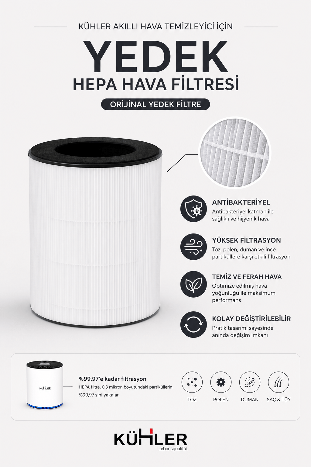 Kühler ClearAura KH-V7777 H13 HEPA Yedek Filtre | Orijinal Hava Temizleyici Filtresi Beyaz