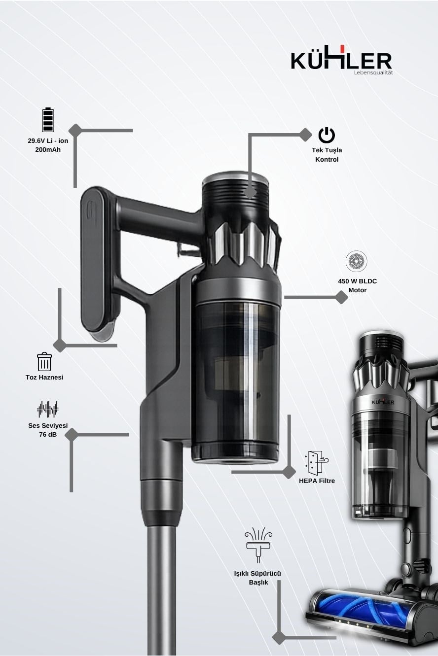 Kühler Kraftmax LUX KH-V900 Akıllı Sensörlü Dikey Şarjlı Süpürge - Kablosuz (Mini Motorlu Antialerjik HEPA Filtreli Fırça Dahil)