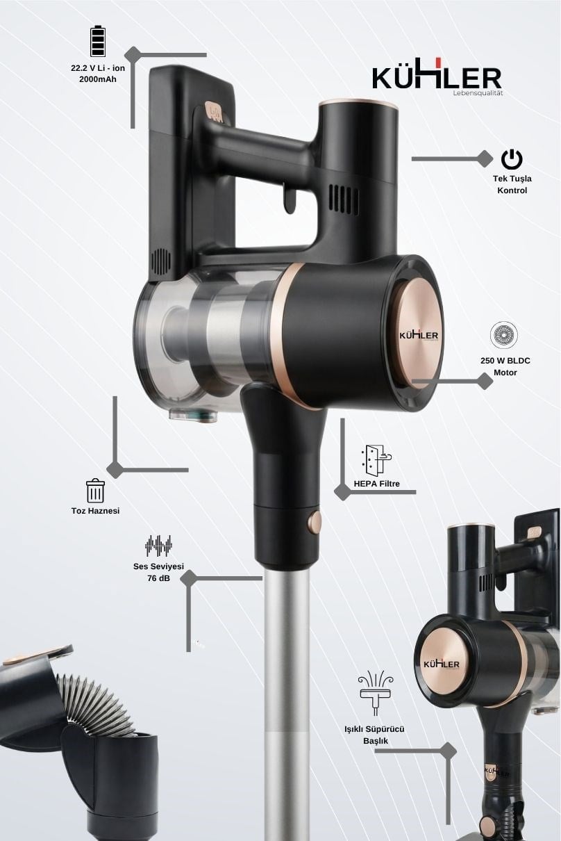 KÜHLER Titan V400 Dikey Şarjlı Süpürge Esnek Borulu Güçlü Emiş Kablosuz