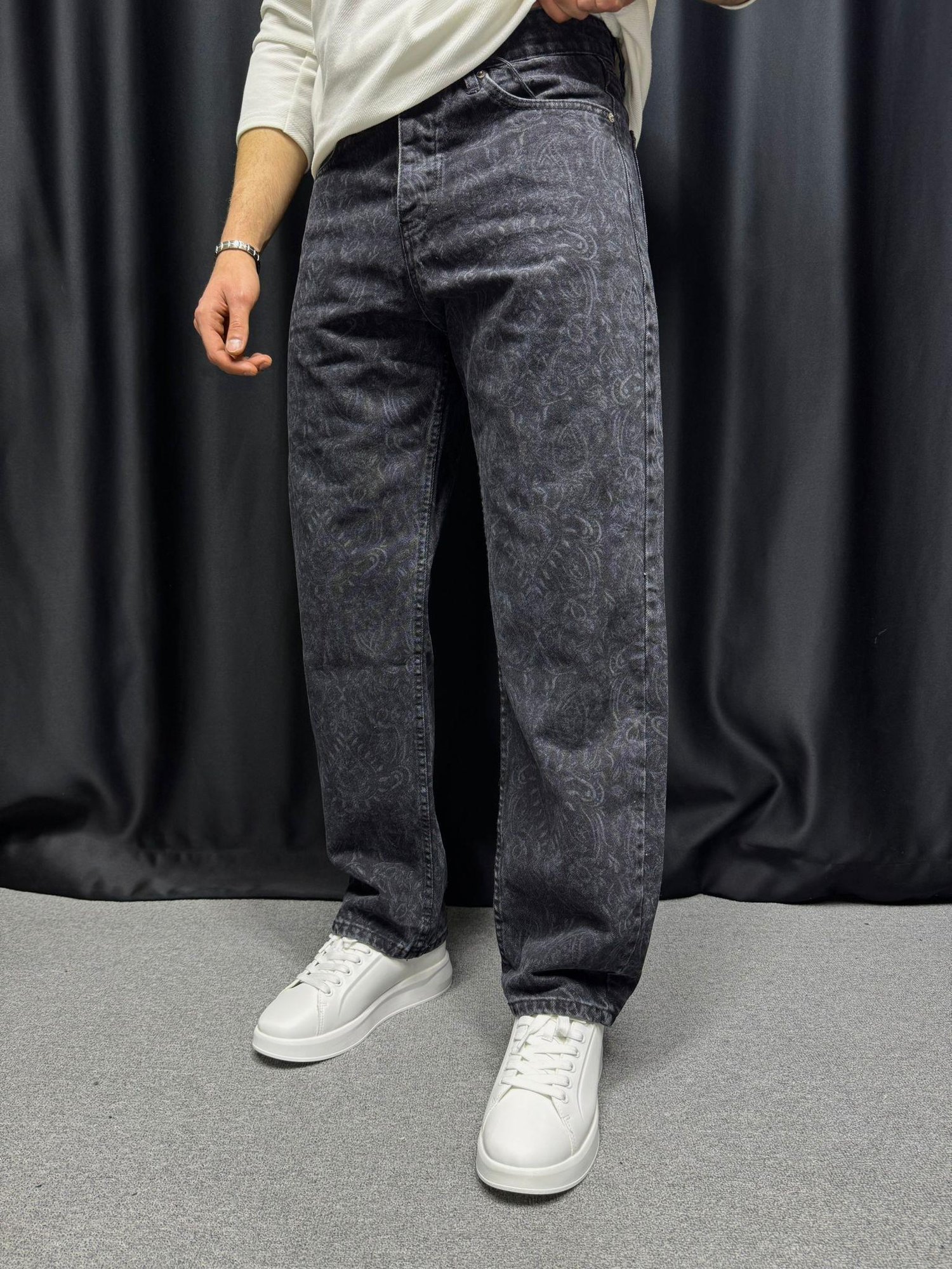 Desenli Baggy Kot Pantolon Siyah