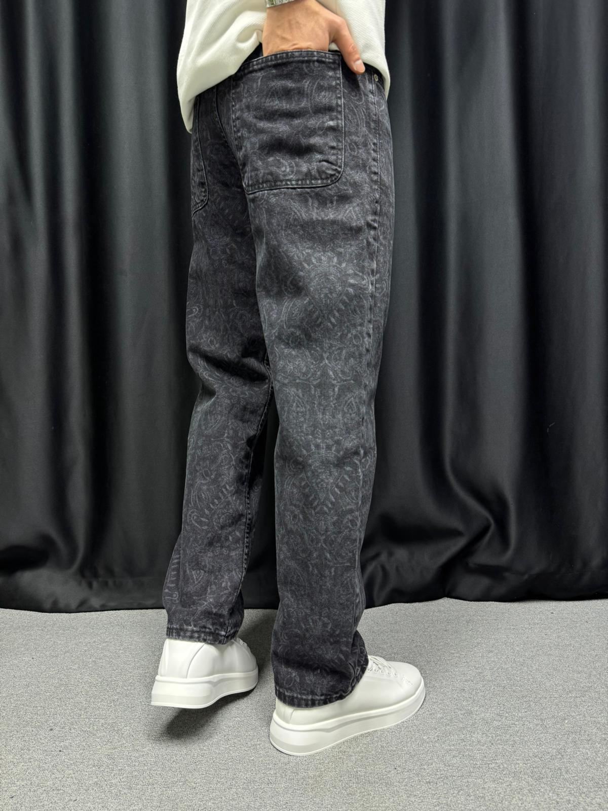 Desenli Baggy Kot Pantolon Siyah