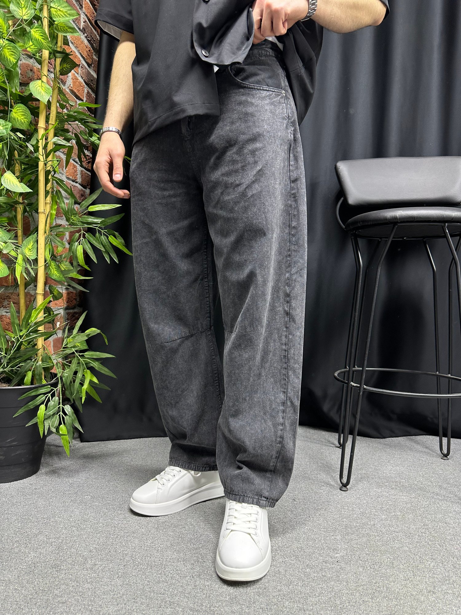 Gabardin Rahat Kumaş Yıkamalı Balon Fit Pantolon Siyah