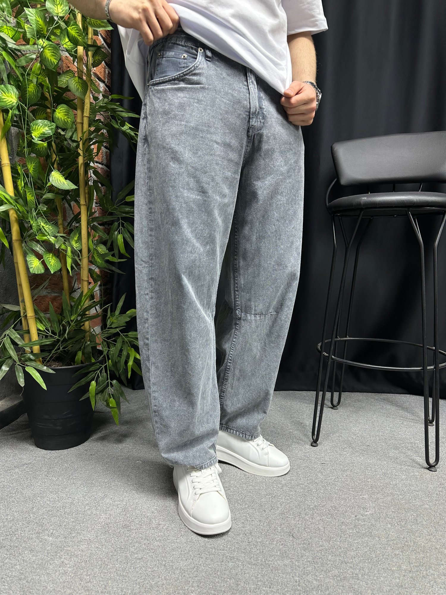 Gabardin Rahat Kumaş Yıkamalı Balon Fit Pantolon Gri
