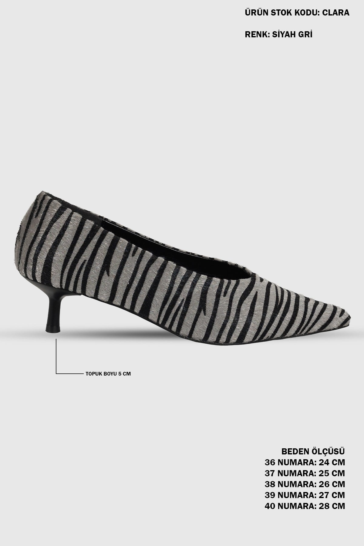 Clara Siyah Gri Desenli Sivri Burun Kadın Stiletto