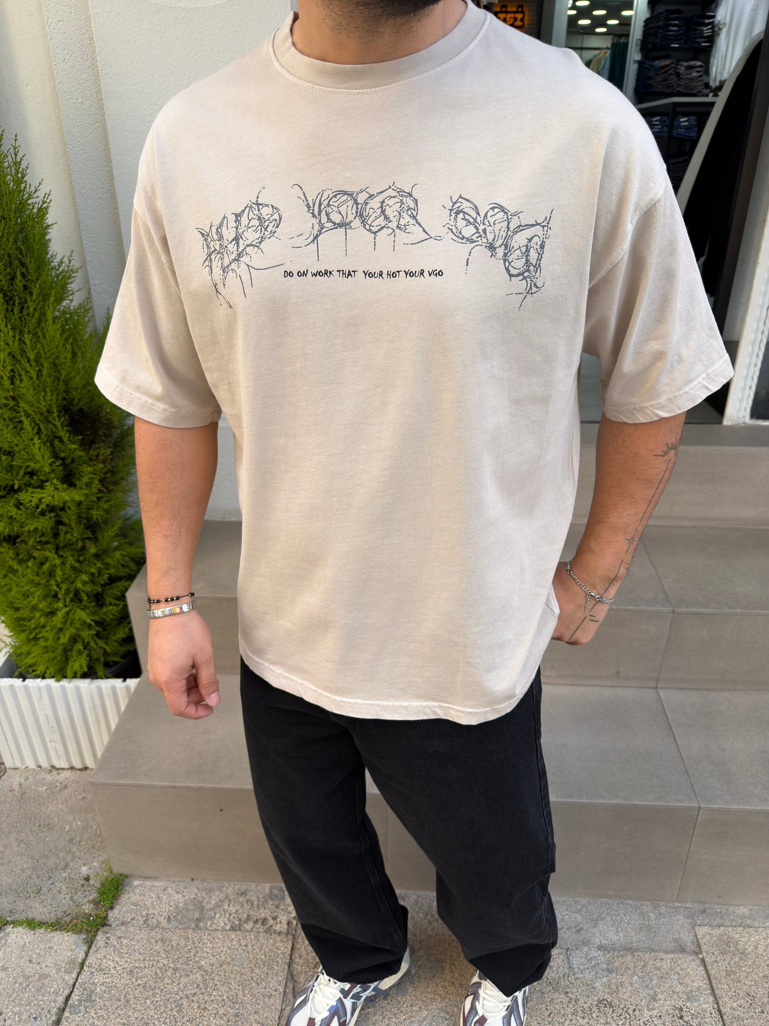 Krem Oversize Pamuk Tshirt