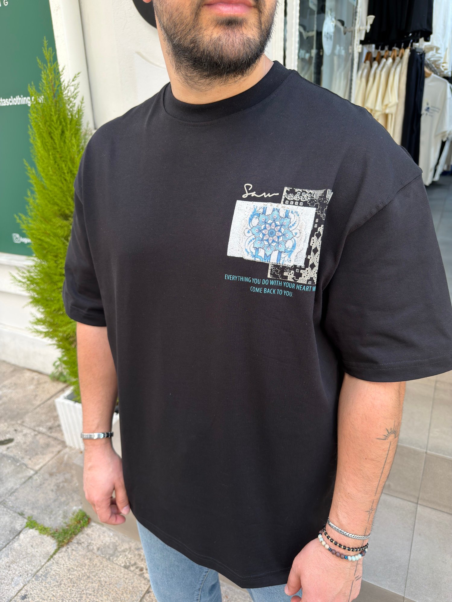 Oversize Baskılı Siyah Tshirt