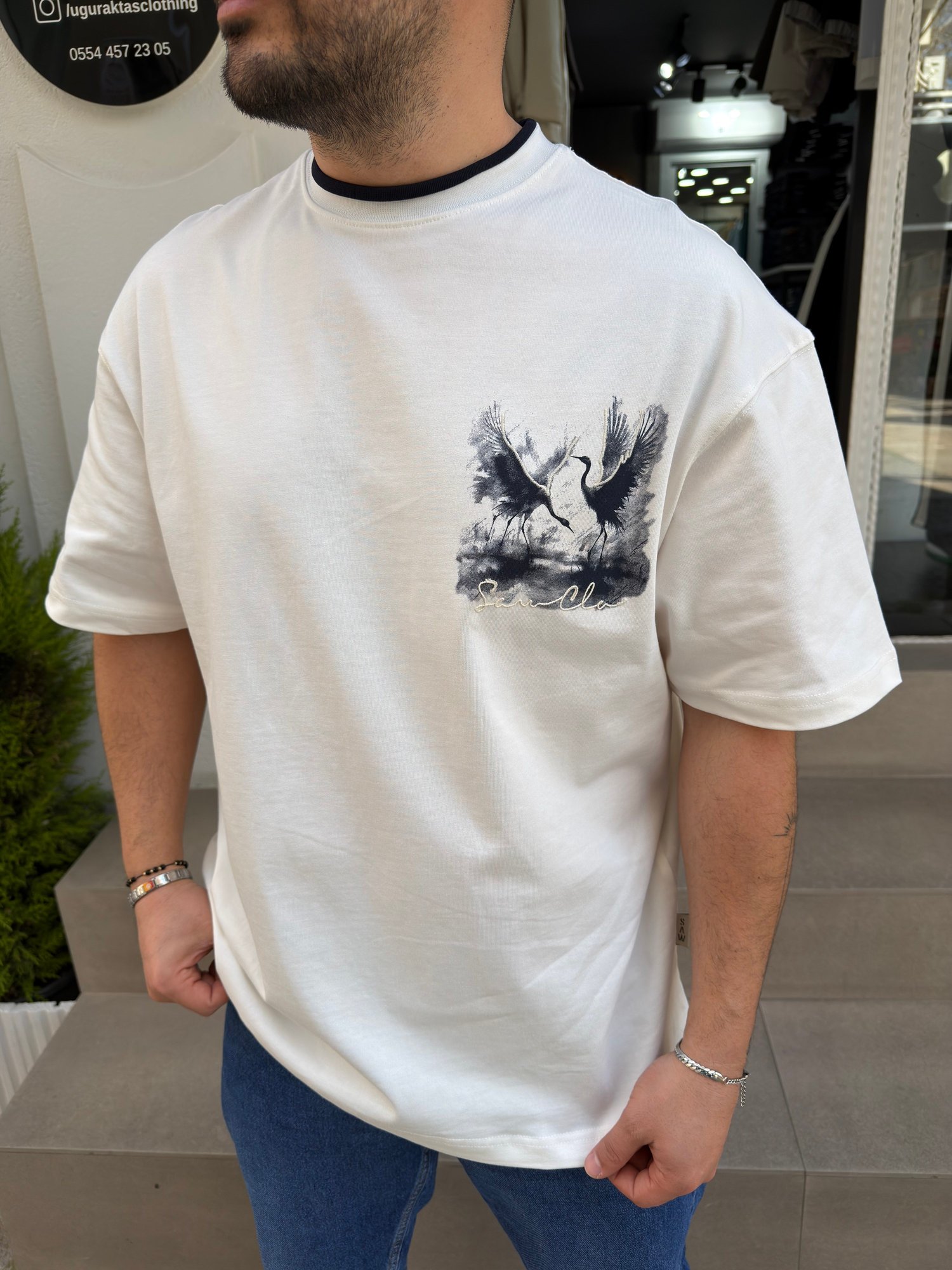 Pamuk Oversize Kuş Baskılı Tshirt