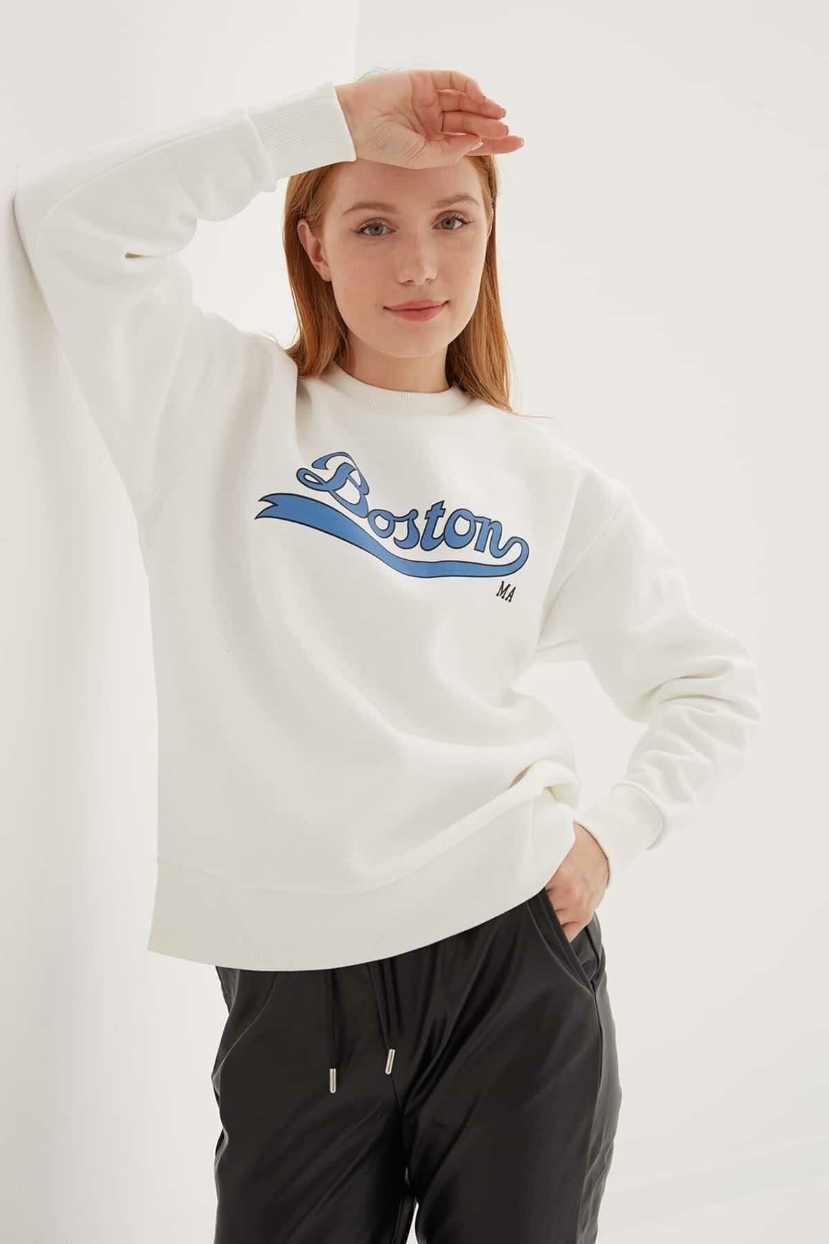 FASHION FRIENDS KADIN BİSİKLET YAKA BASKILI SWEAT 24K0843K1