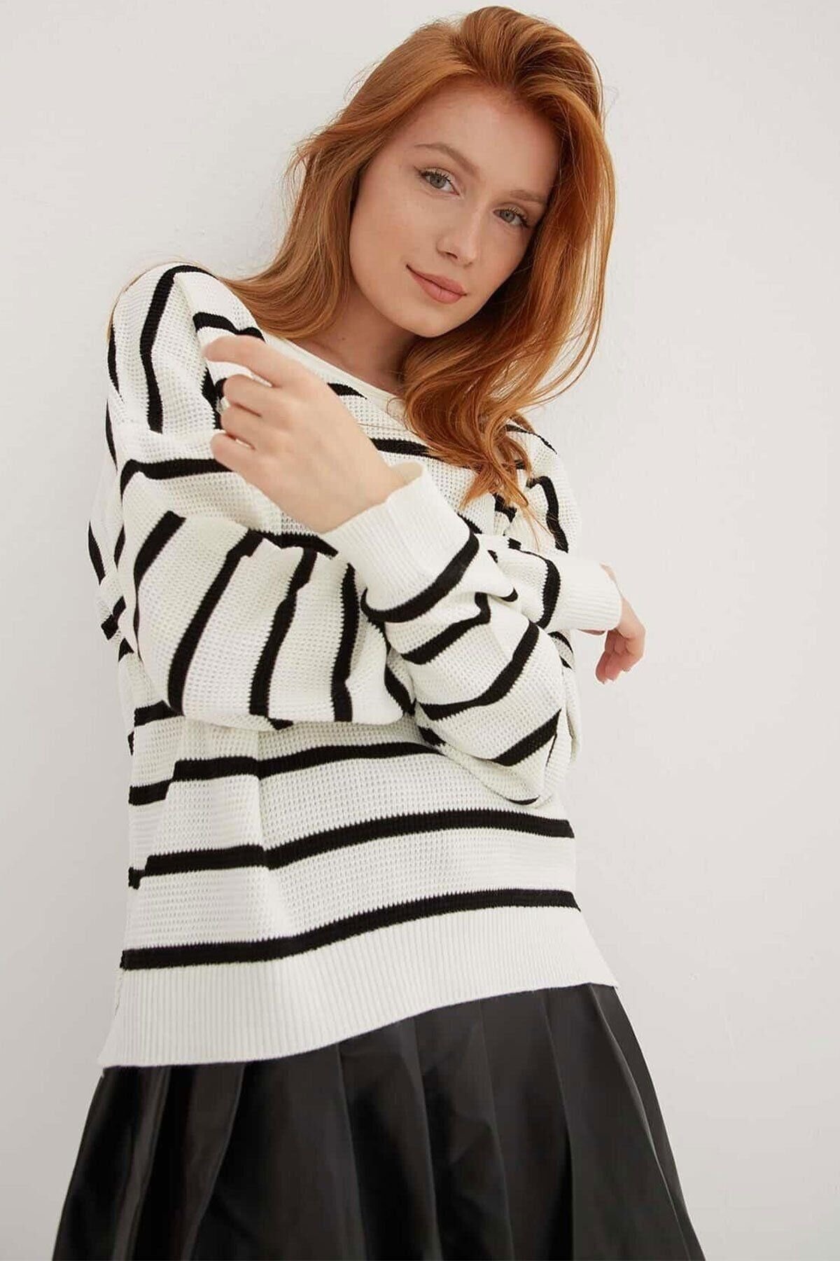FASHION FRIENDS KADIN ÇİZGİLİ KAZAK 24K0477K1