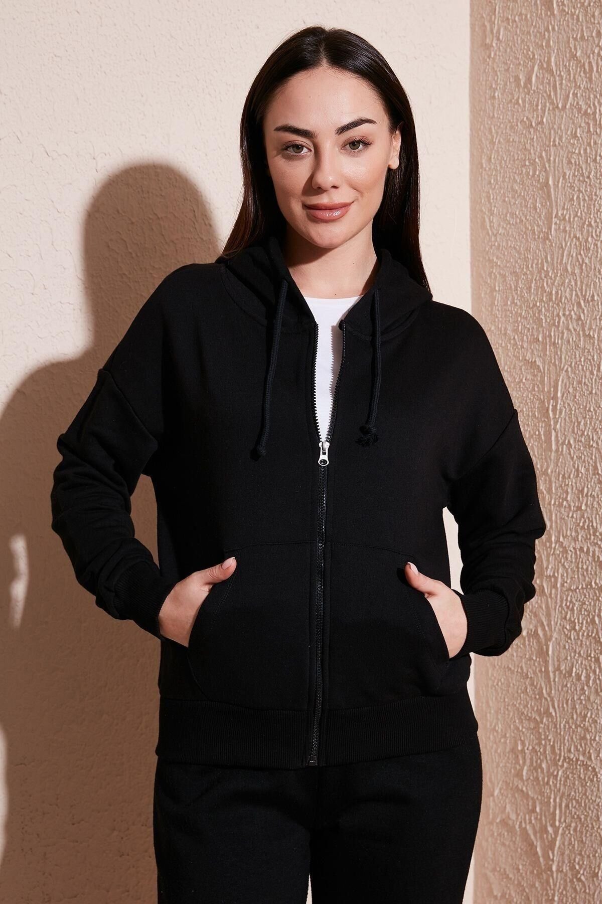 FASHION FRIENDS KADIN FERMUARLI KAPÜŞONLU SWEAT 24K0852K1