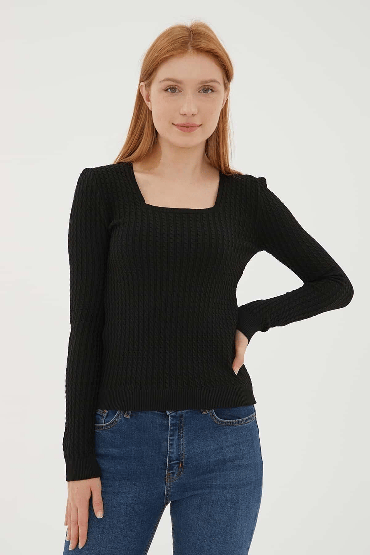 FASHION FRIENDS KADIN KARE YAKA SAÇ ÖRGÜLÜ KAZAK 23K0405K1