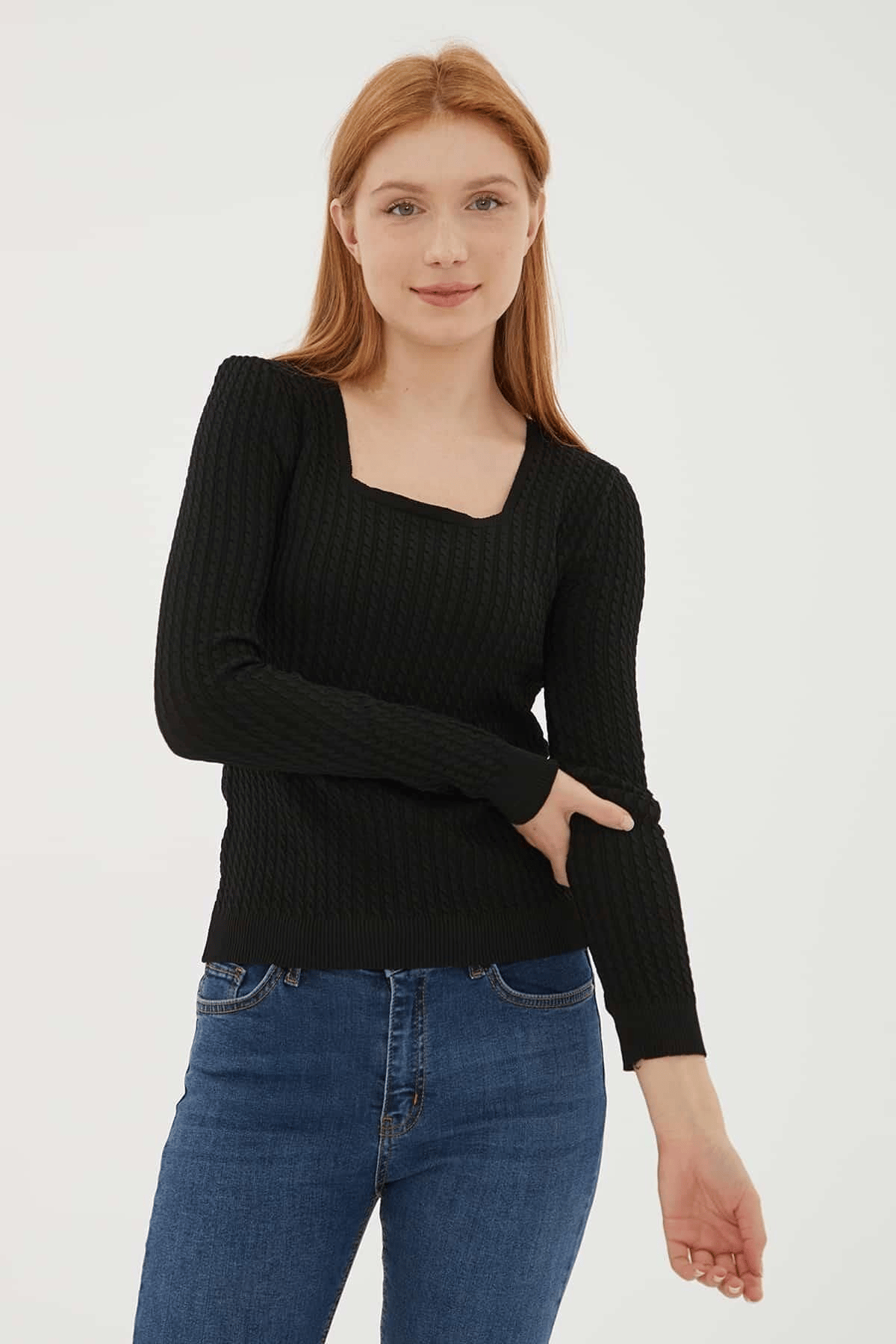 FASHION FRIENDS KADIN KARE YAKA SAÇ ÖRGÜLÜ KAZAK 23K0405K1