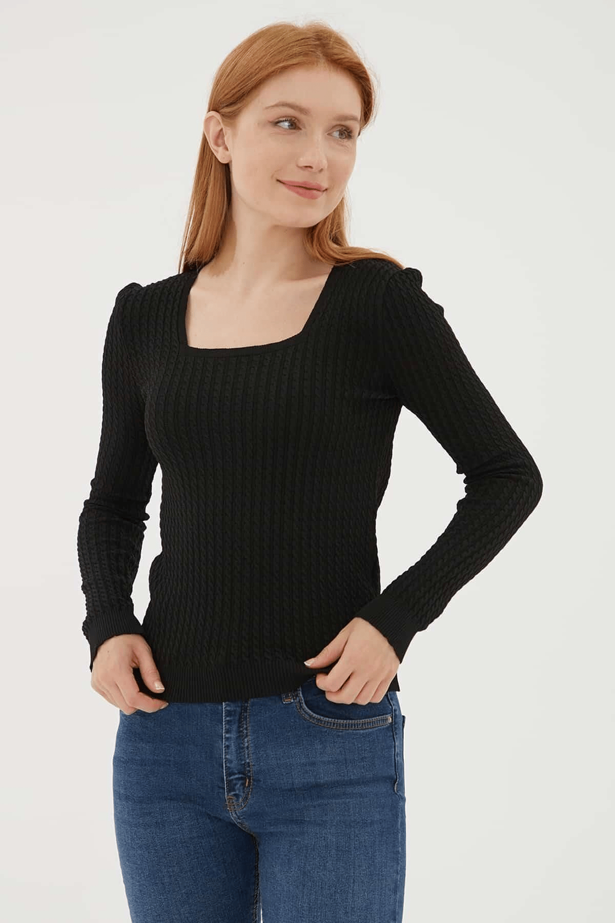 FASHION FRIENDS KADIN KARE YAKA SAÇ ÖRGÜLÜ KAZAK 23K0405K1
