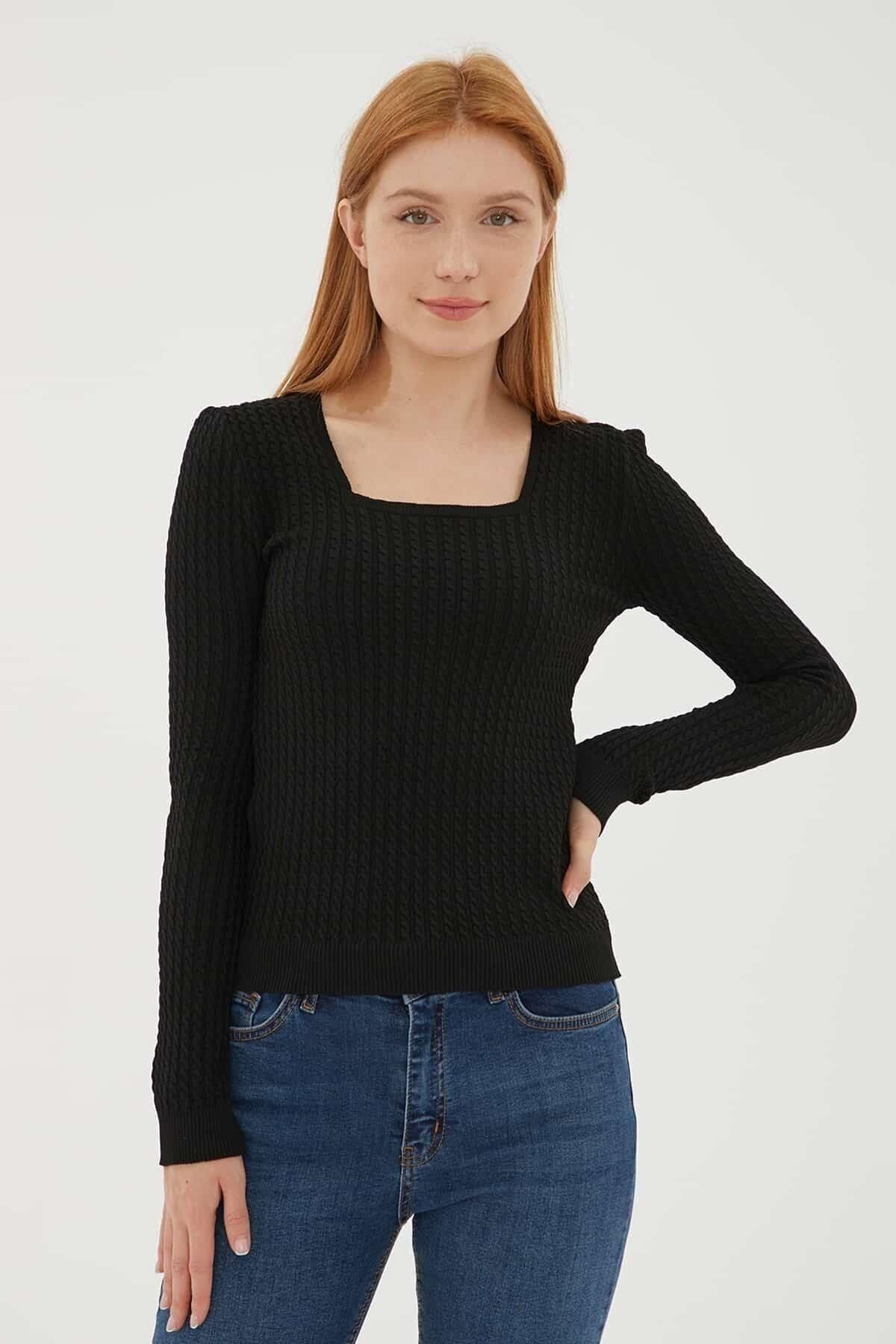 FASHION FRIENDS KADIN KARE YAKA SAÇ ÖRGÜLÜ KAZAK 23K0405K1