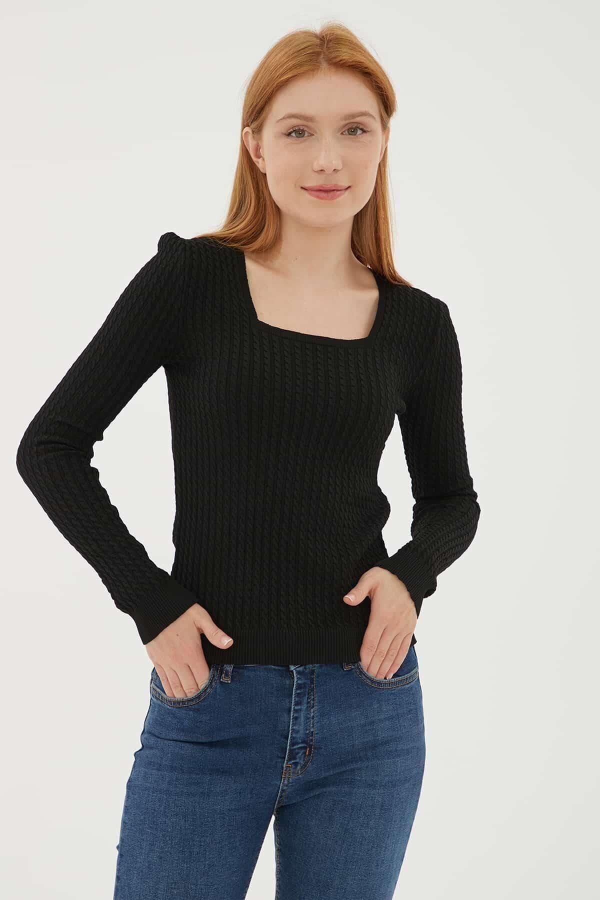 FASHION FRIENDS KADIN KARE YAKA SAÇ ÖRGÜLÜ KAZAK 23K0405K1