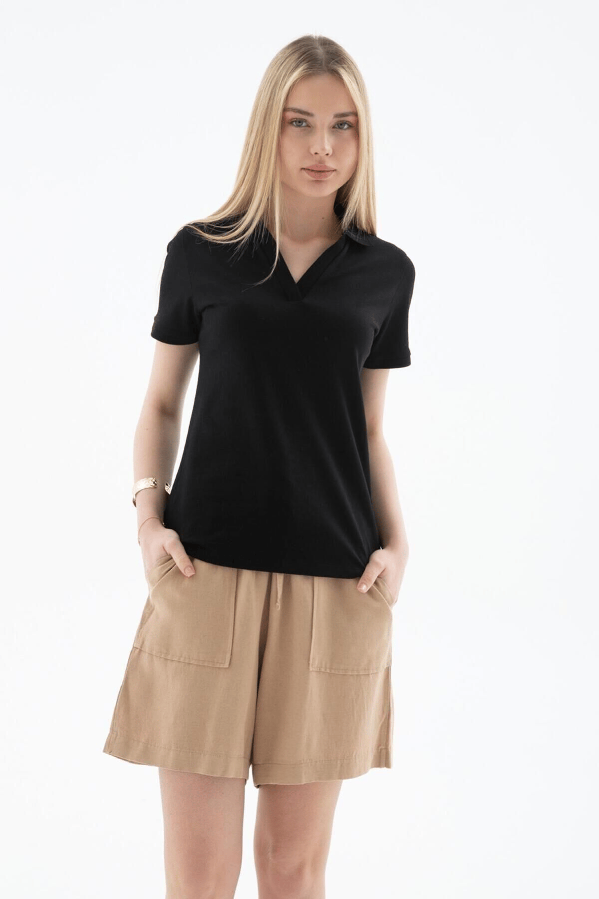 FASHION FRIENDS KADIN POLO V YAKA T-SHİRT 25Y0603K1