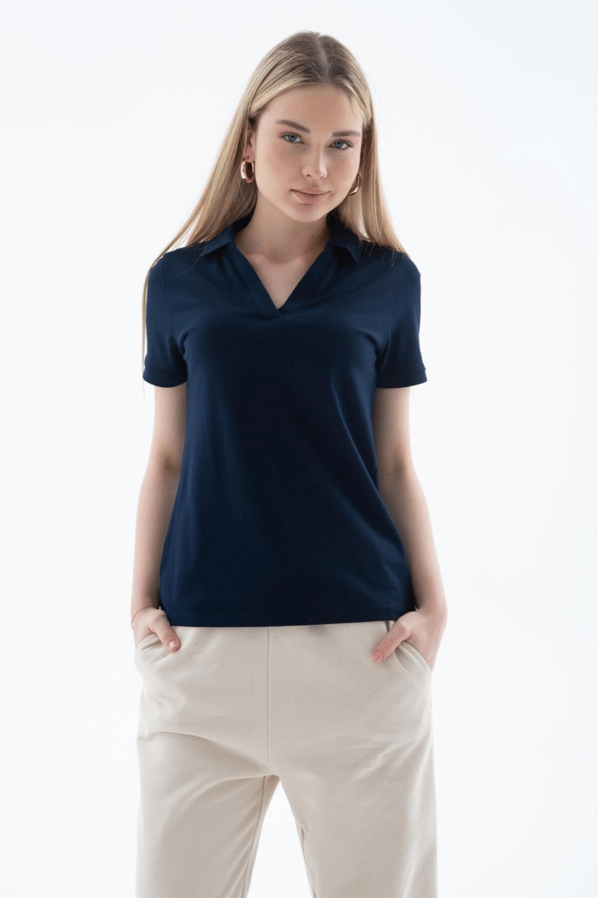 FASHION FRIENDS KADIN POLO V YAKA T-SHİRT 25Y0603K1
