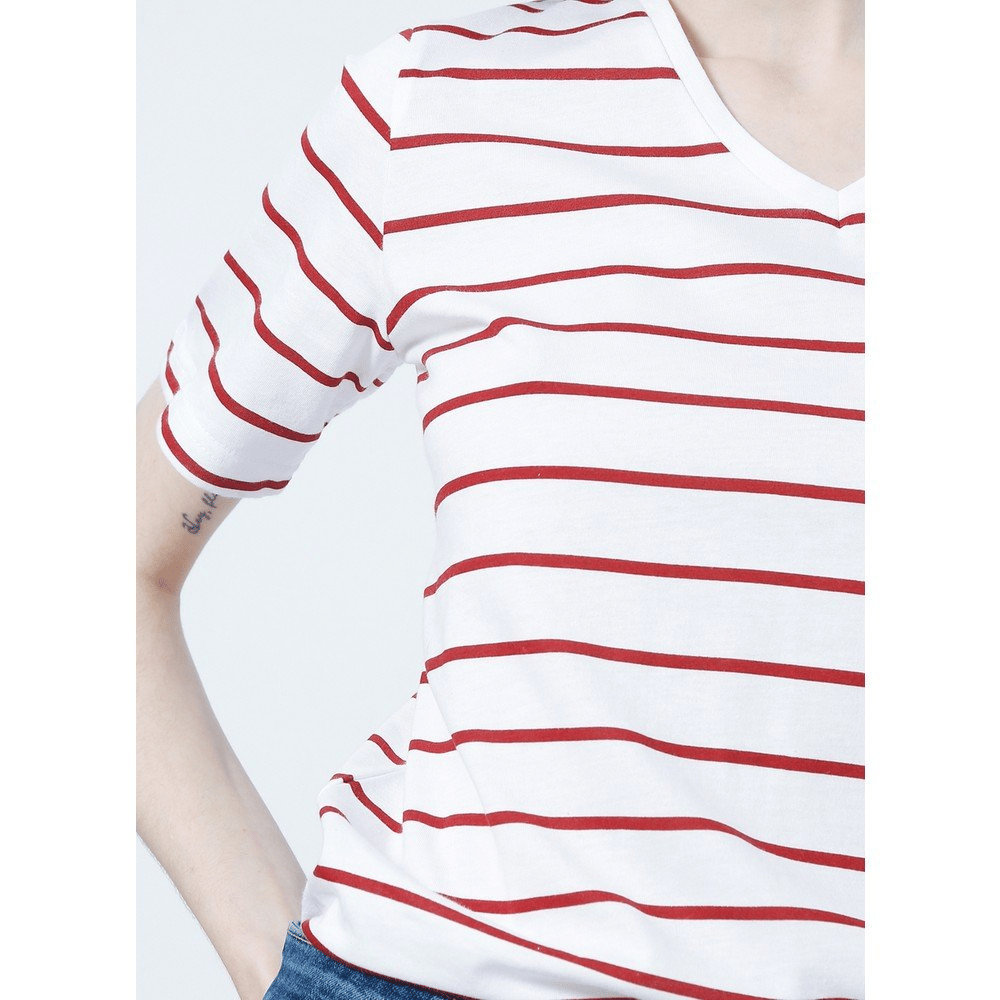 FASHİON FRİENDS KADIN V Yaka Çizgili T-Shirt 22Y0067K1