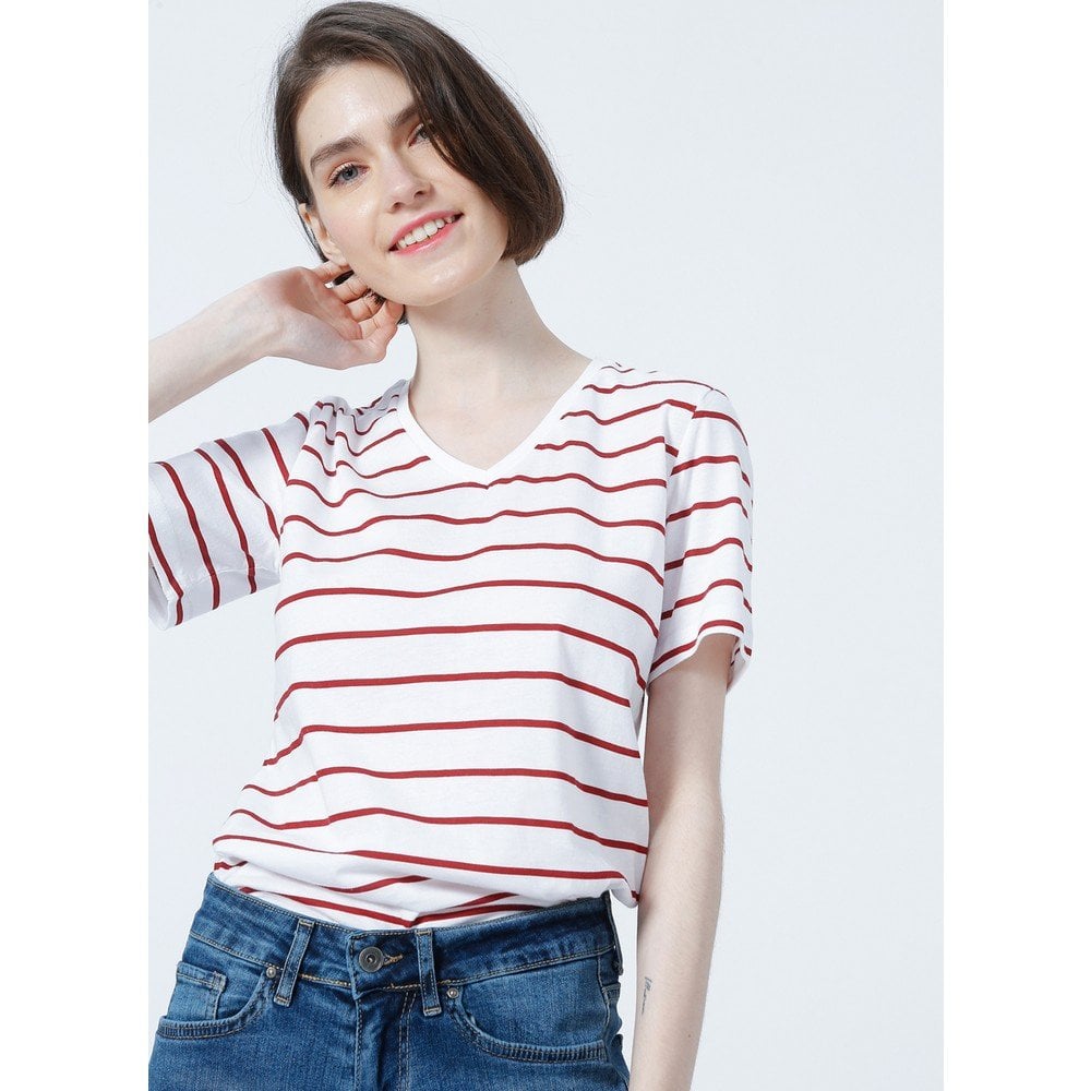 FASHİON FRİENDS KADIN V Yaka Çizgili T-Shirt 22Y0067K1