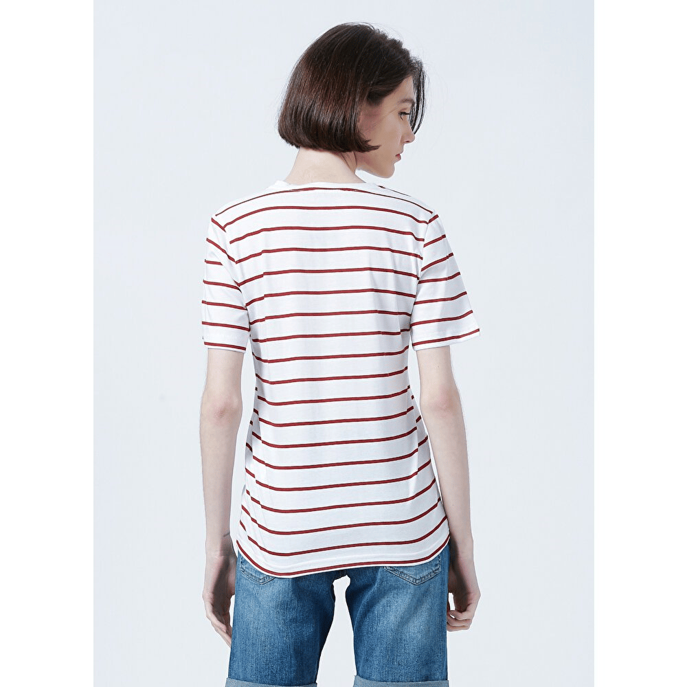 FASHİON FRİENDS KADIN V Yaka Çizgili T-Shirt 22Y0067K1