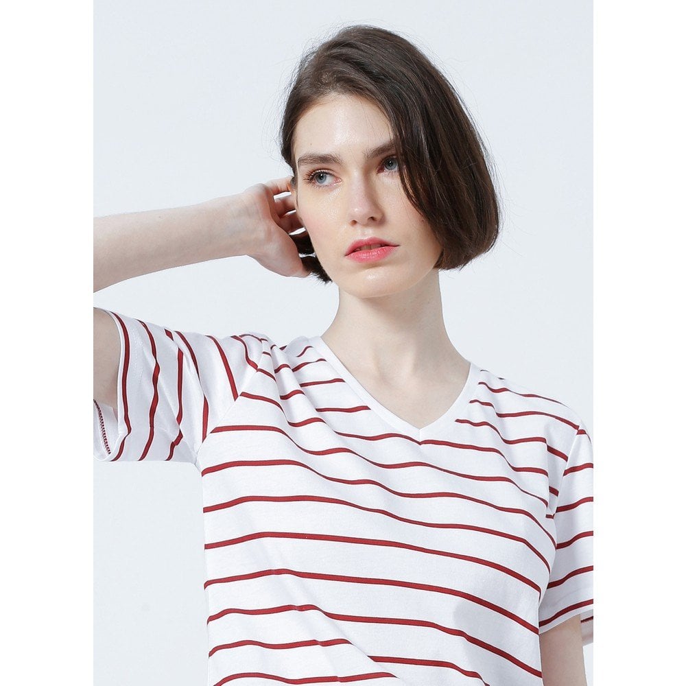 FASHİON FRİENDS KADIN V Yaka Çizgili T-Shirt 22Y0067K1