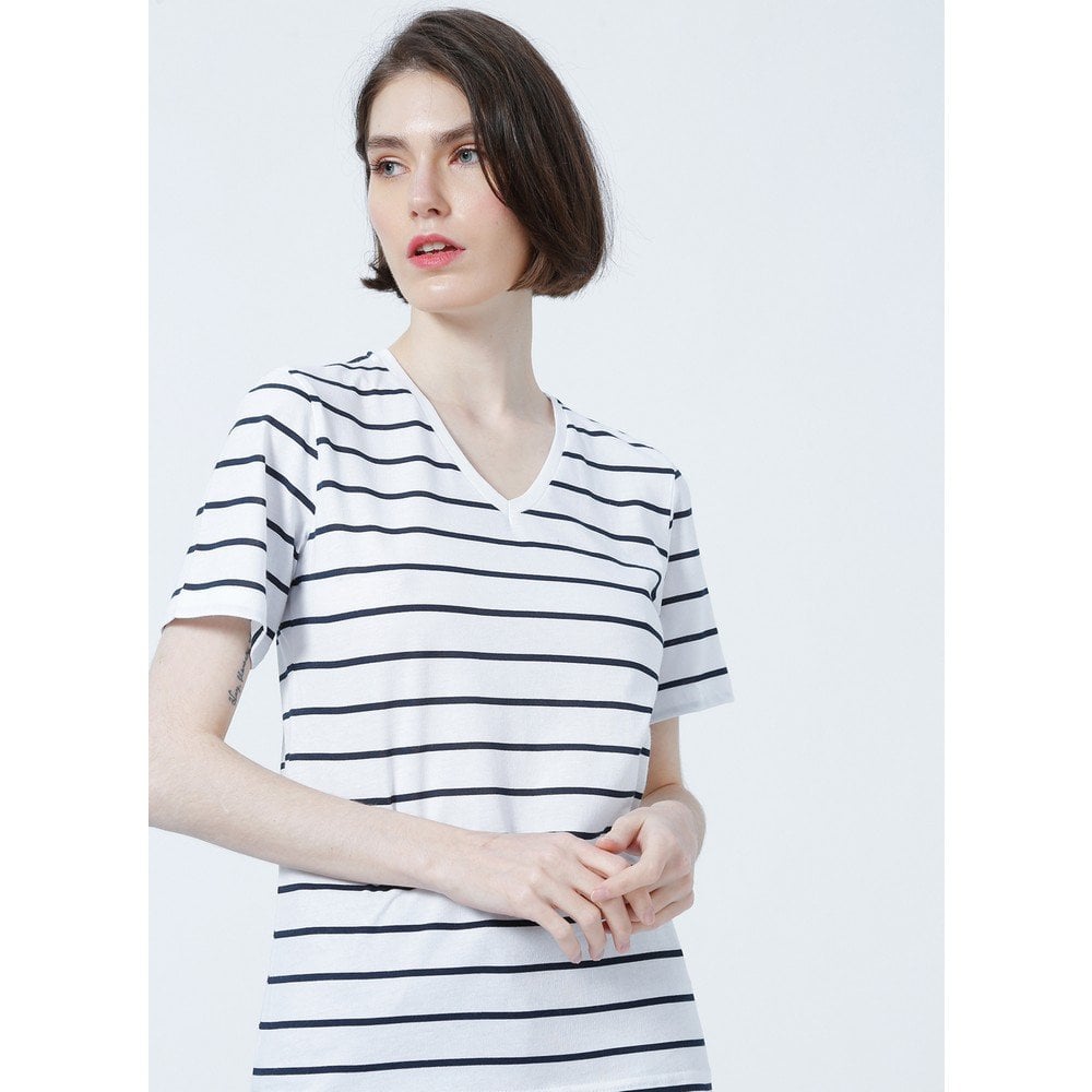 FASHİON FRİENDS KADIN V Yaka Çizgili T-Shirt 22Y0067K1