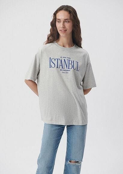 MAVİ KADIN İSTANBUL BASKILI TİŞÖRT Gri Melanj 1612003-82816