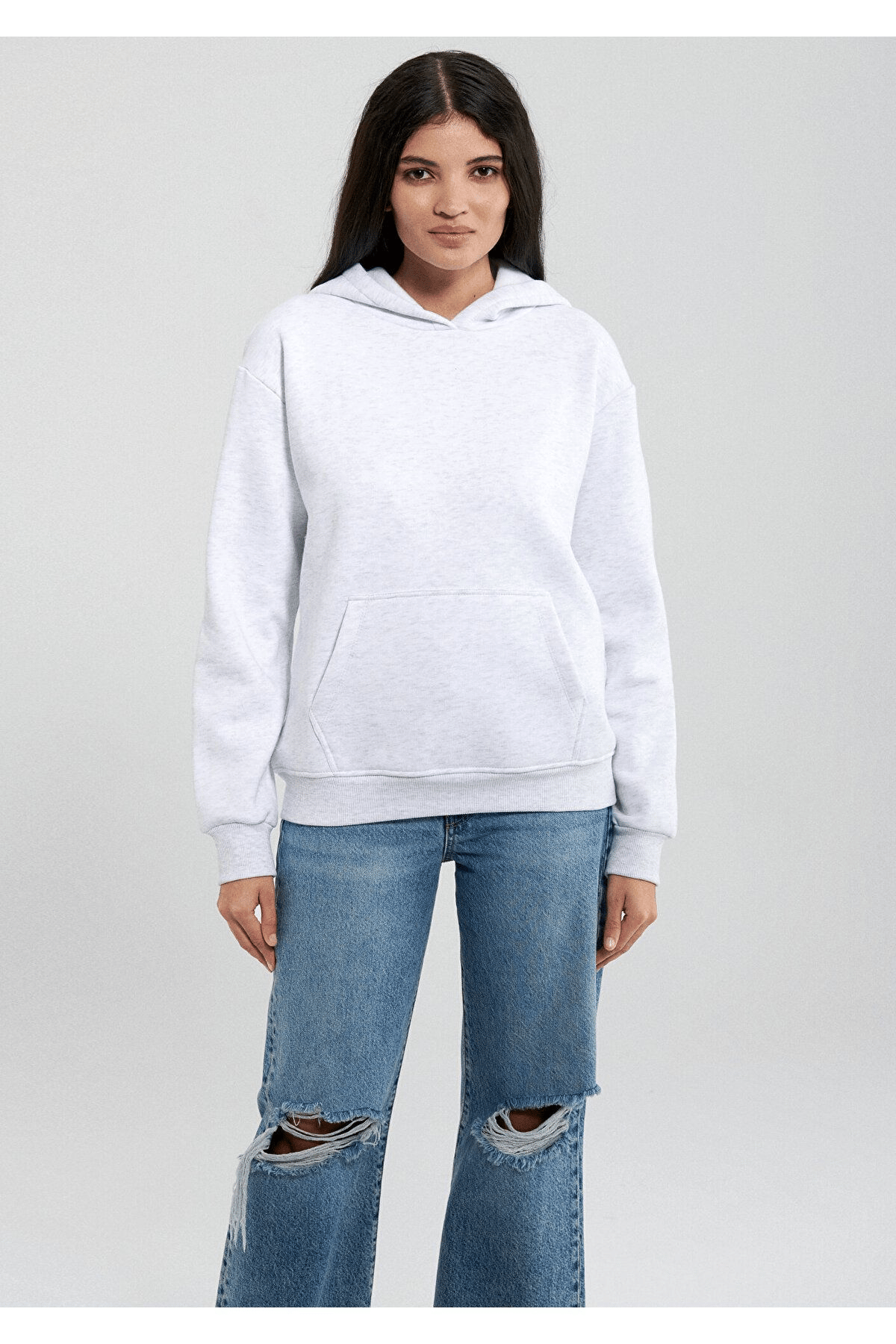 MAVİ KADIN KAPİŞONLU SWEATSHIRT Kar Gri MelanJ 167299-85438