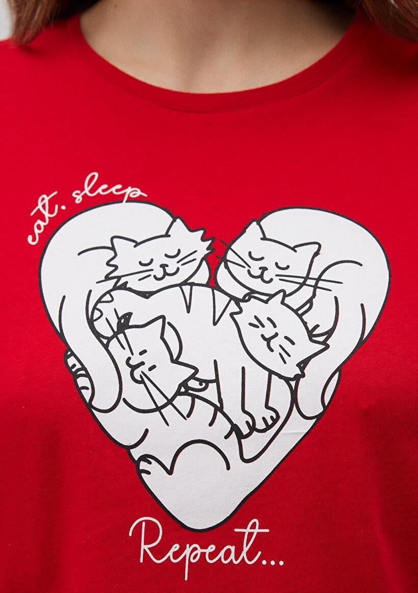 MAVİ KADIN KEDİ BASKILI TİŞÖRT Acı Kırmızı 1612604-82054