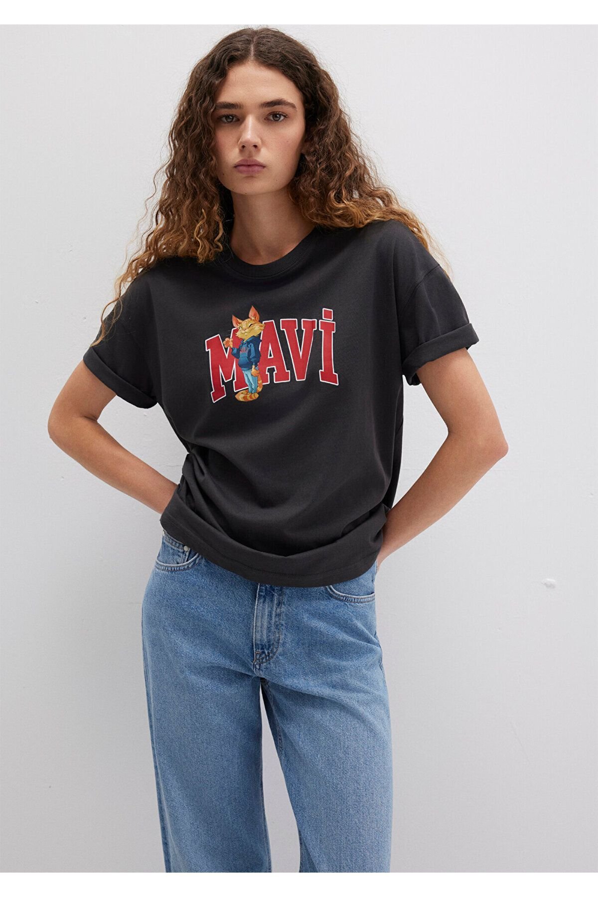 MAVİ KADIN KEDİ LOGO BASKILI TİŞÖRT Kömür 1613285-70087